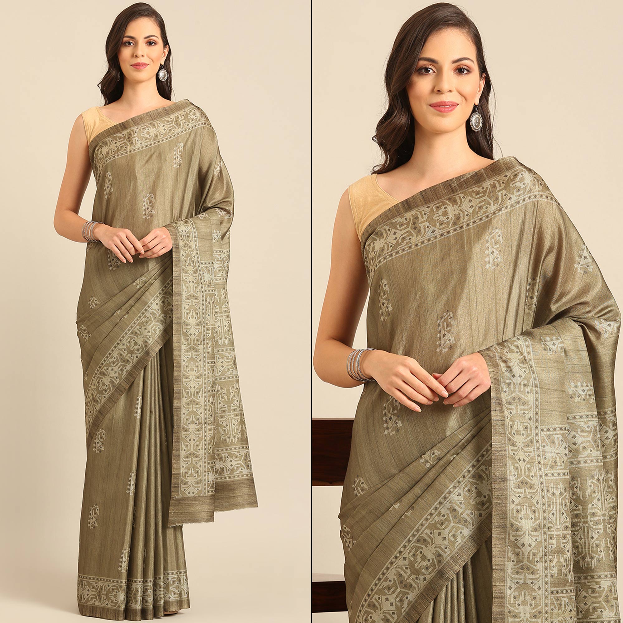 Taupe Digital Printed Cotton Blend Saree