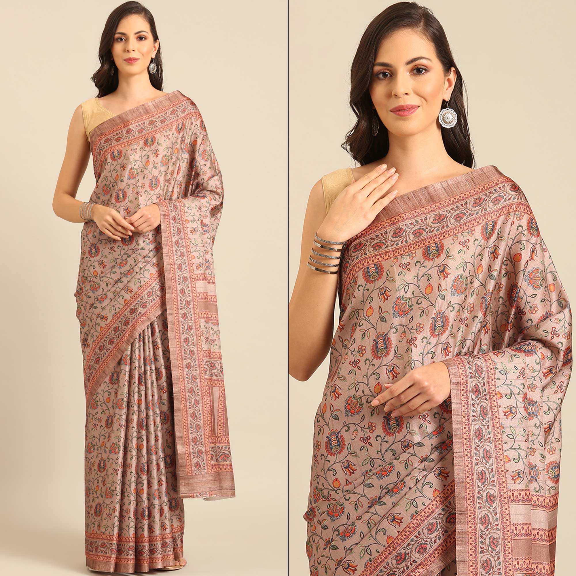 Peach Beautiful Chinon Fabric Digital Printed Saree With Mirror Cut Work main image 1