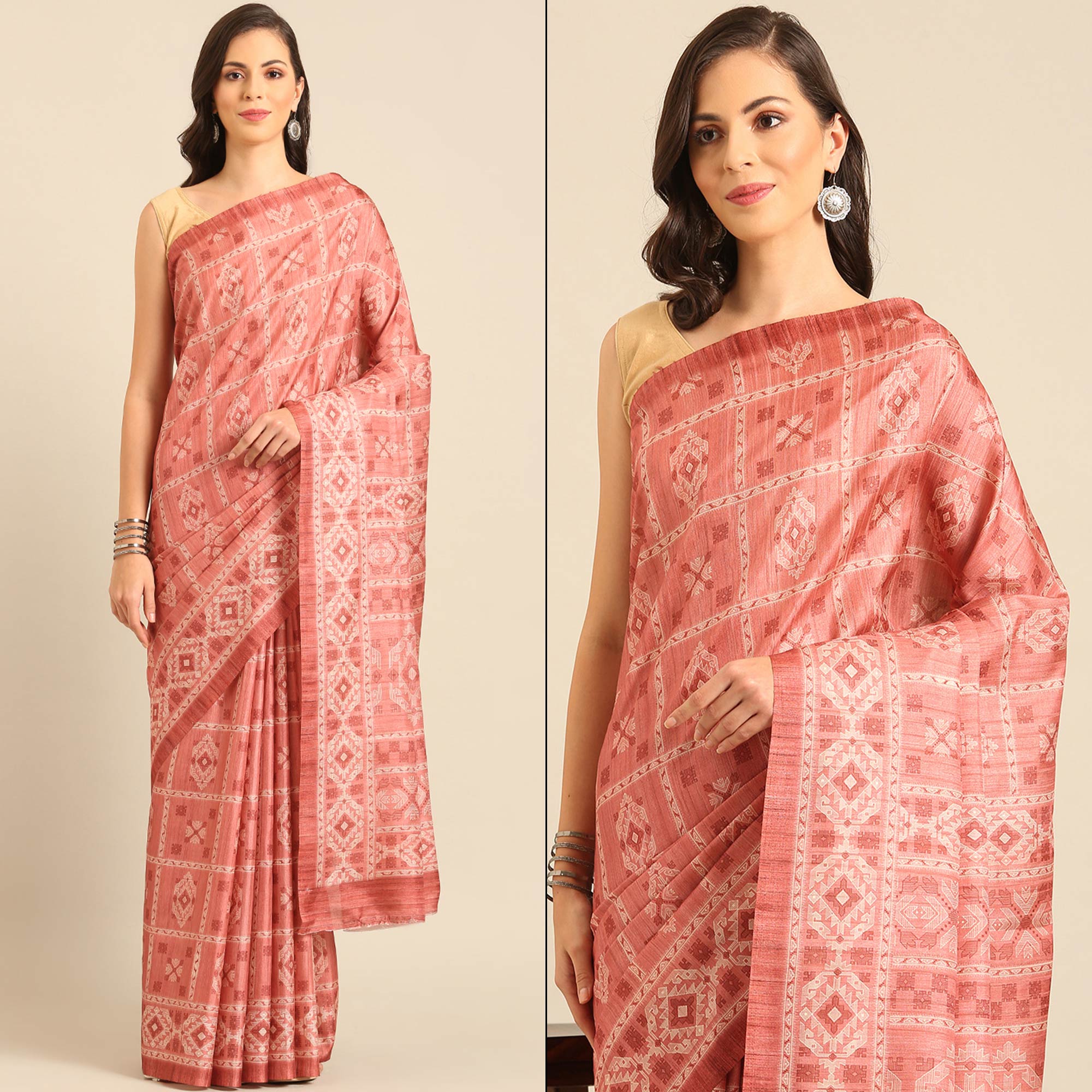 Peach Floral Digital Printed Cotton Blend Saree