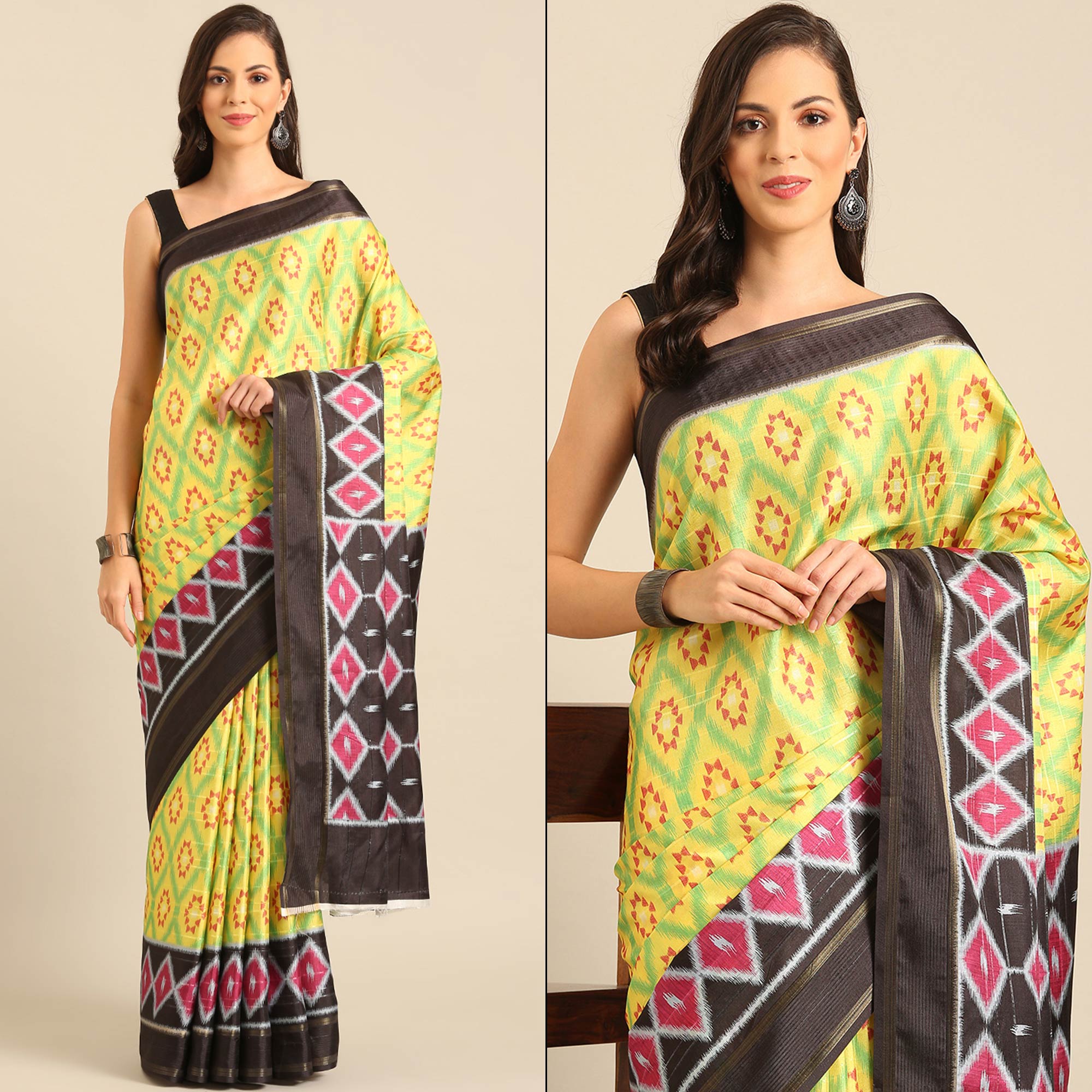 Green Digital Patola Printed Cotton Blend Saree