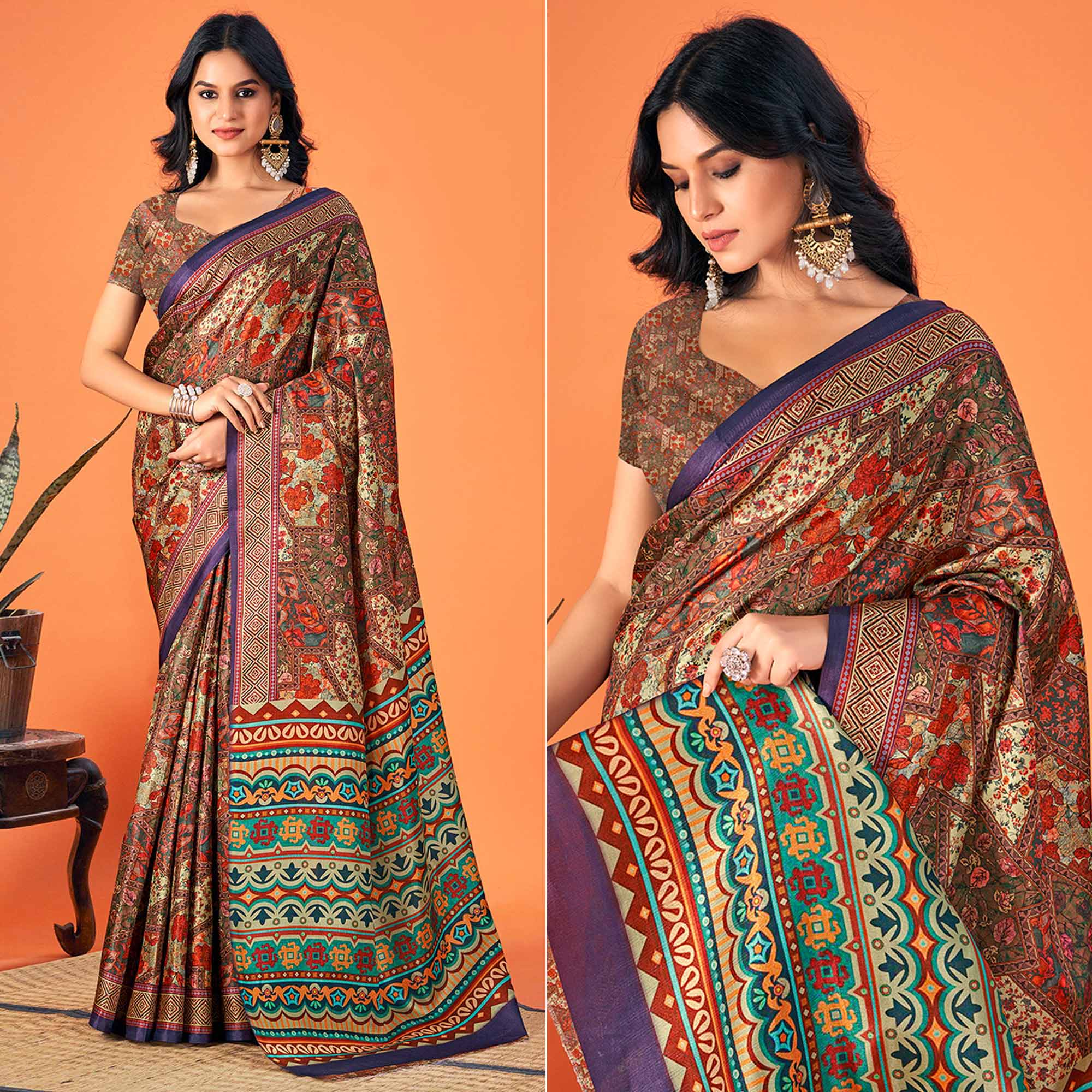 Multicolor Printed Pashmina Saree