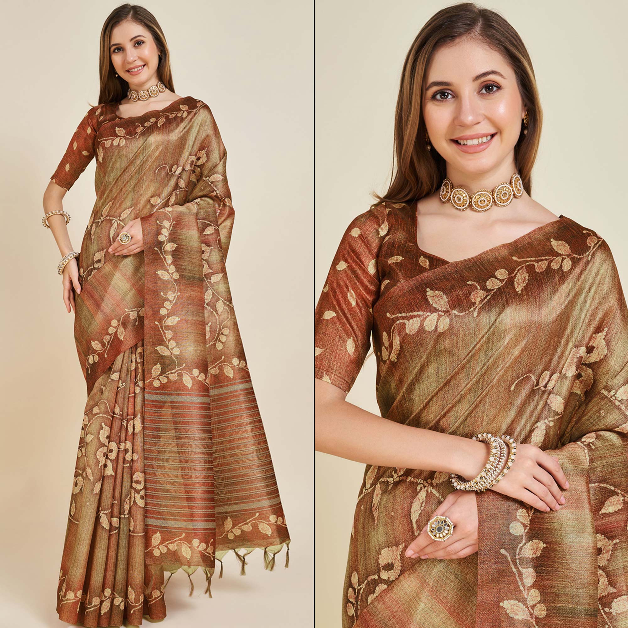 Brown Digital Printed Bhagalpuri Silk Saree With Tassels