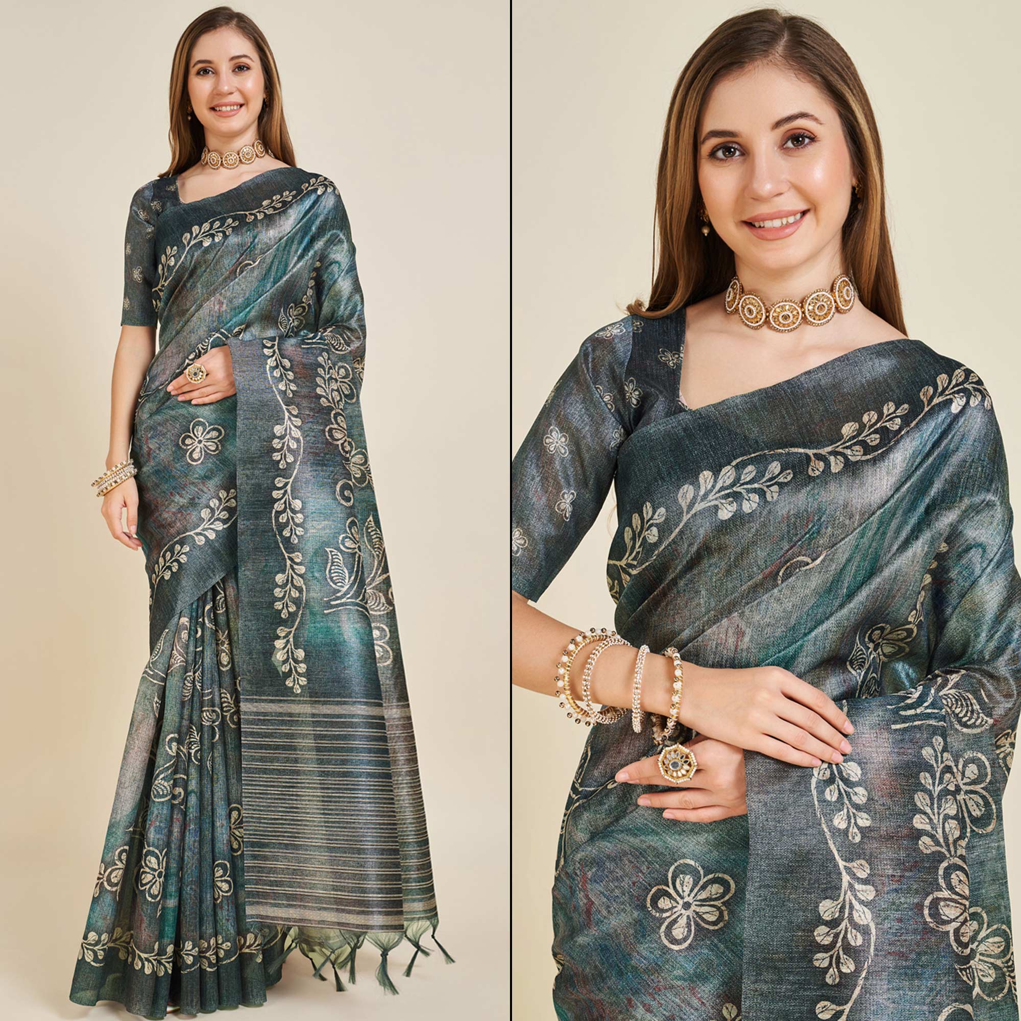 Grey Digital Printed Bhagalpuri Silk Saree With Tassels