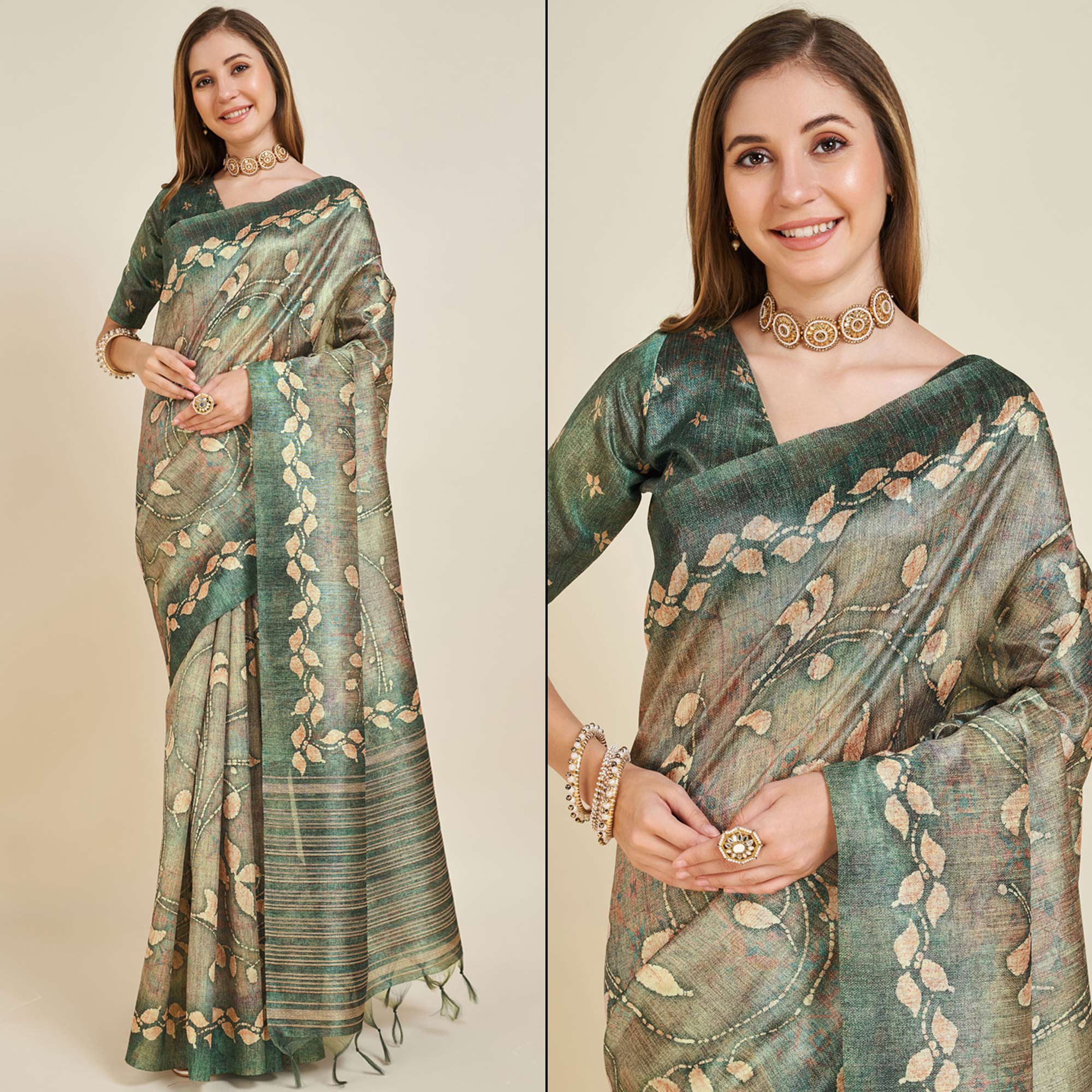 Green Digital Printed Bhagalpuri Silk Saree With Tassels