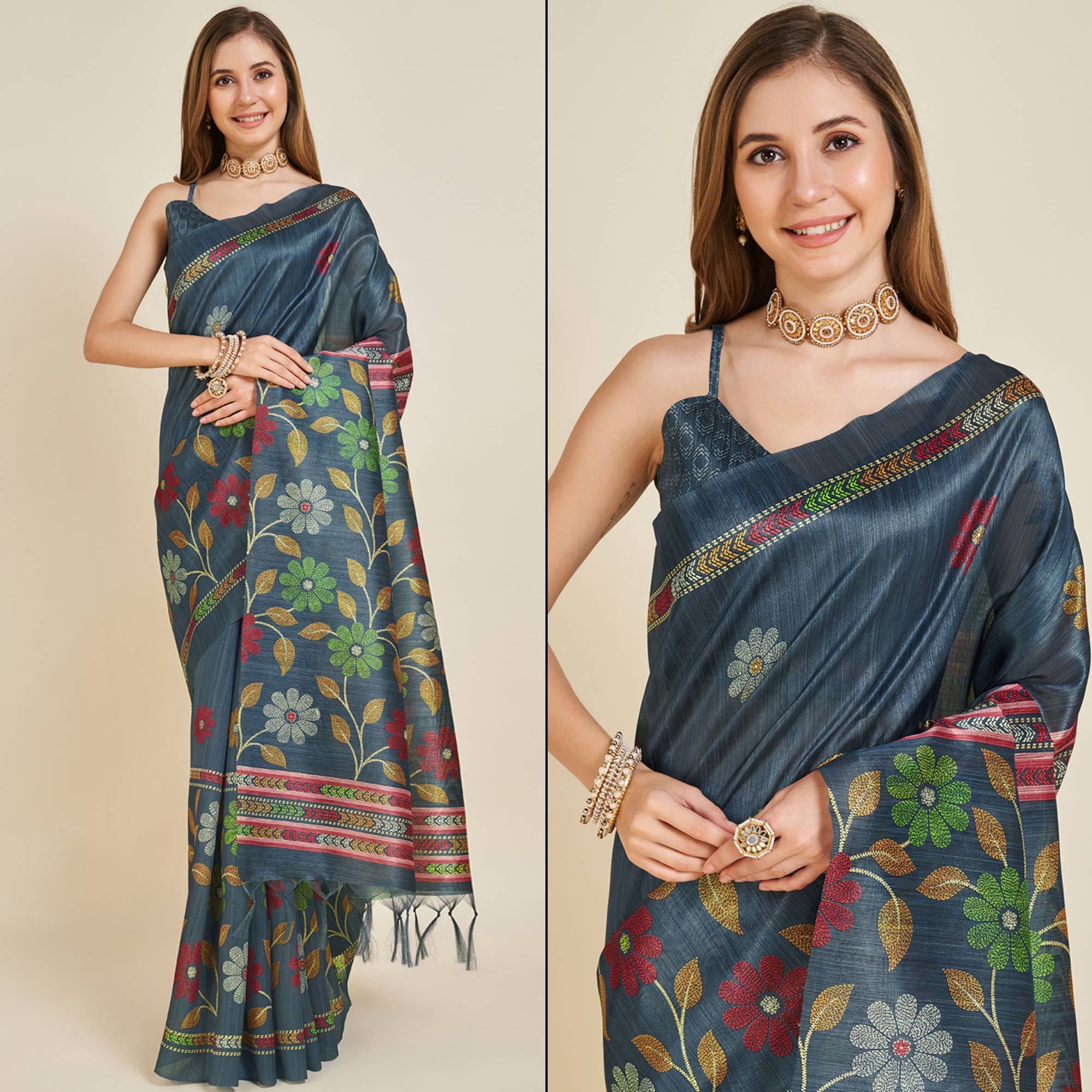 Bluish Grey Digital Printed Bhagalpuri Silk Saree With Tassels