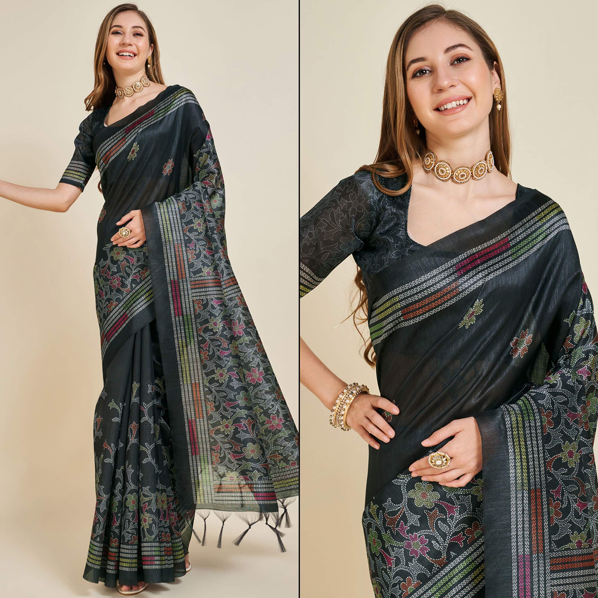 Black Digital Printed Bhagalpuri Silk Saree With Tassels