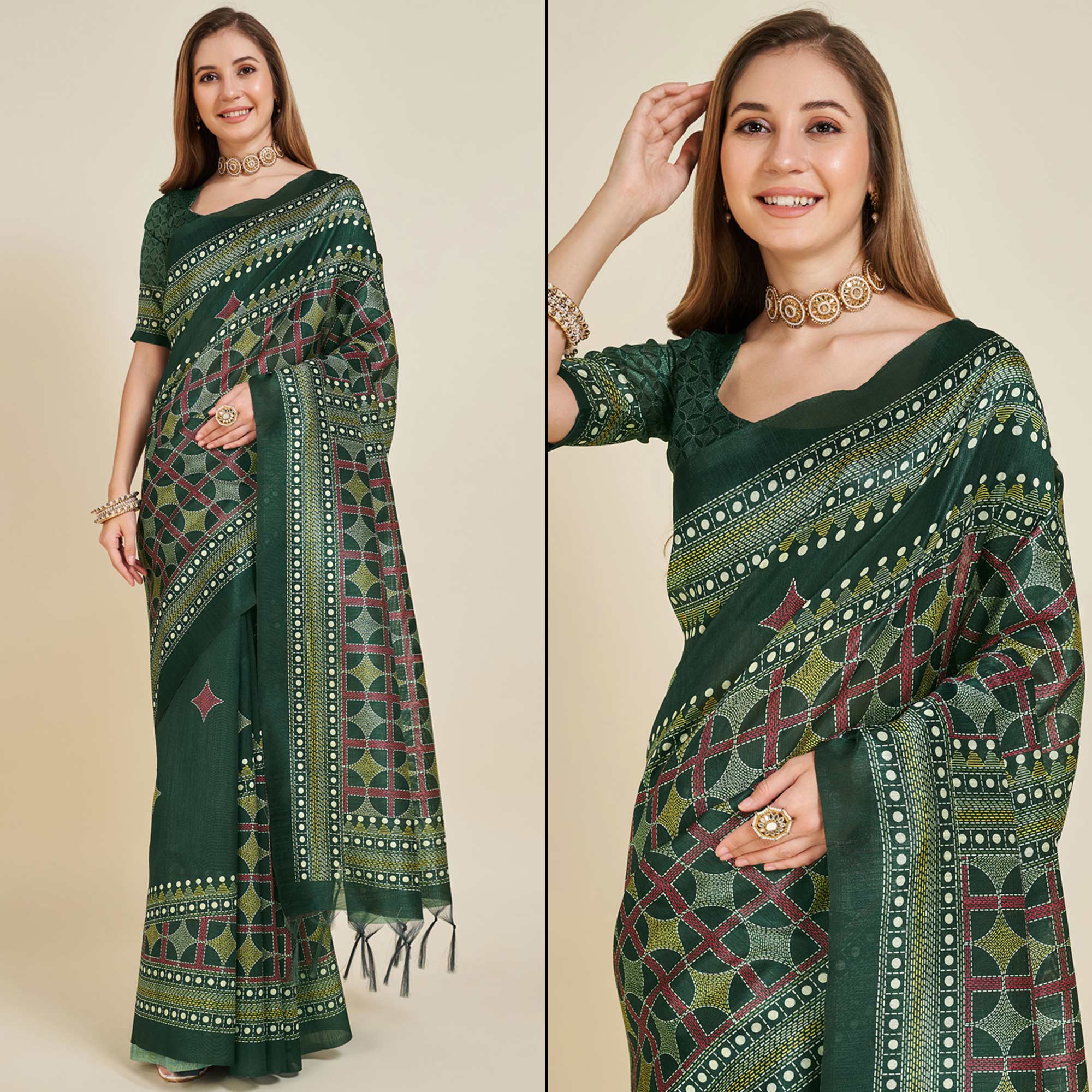 Green Digital Printed Bhagalpuri Silk Saree With Tassels