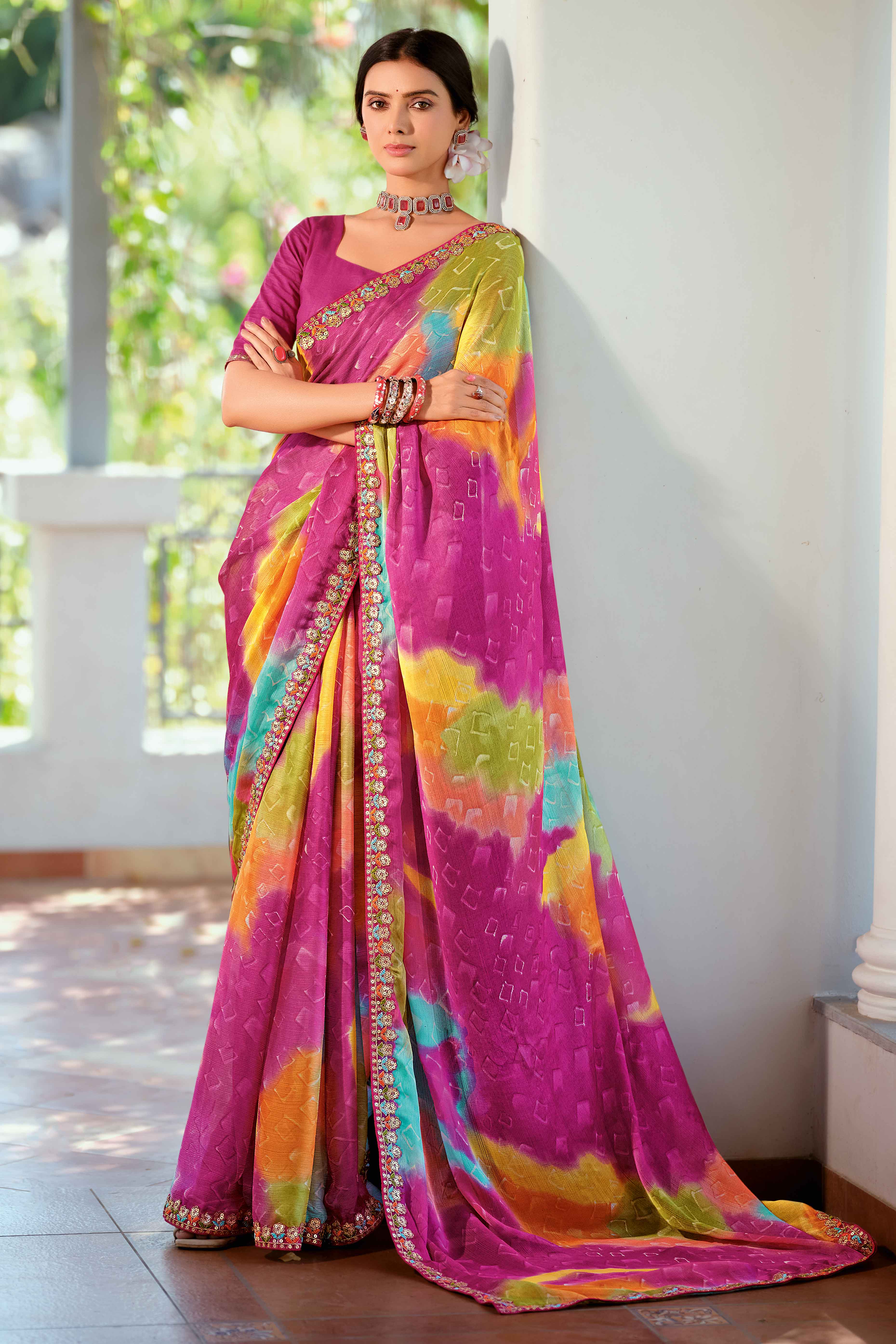 Festive Pink Georgette Saree with Dazzling Sequin Work Border