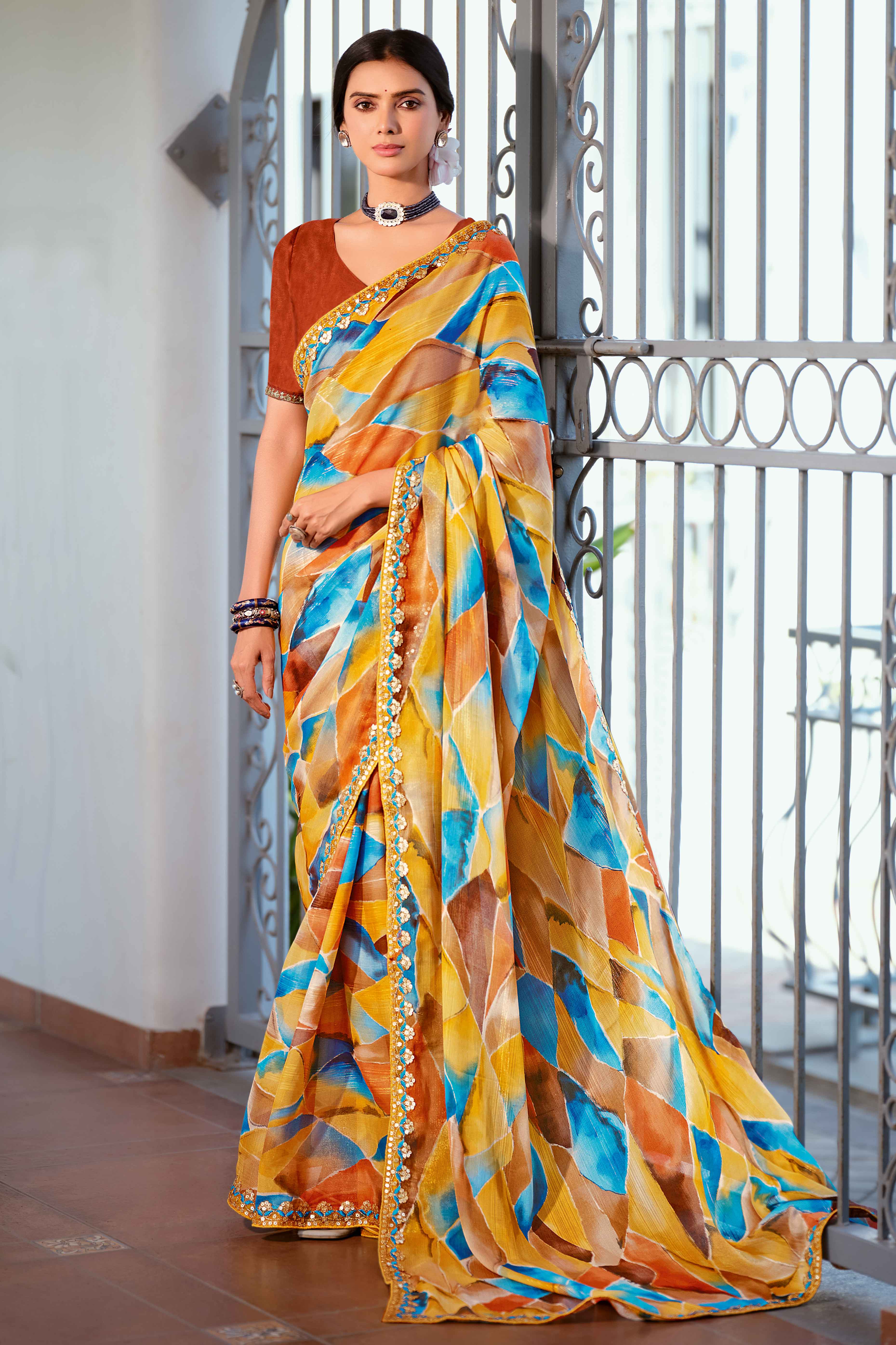 Festive Mustard Georgette Saree with Dazzling Sequin Work Border