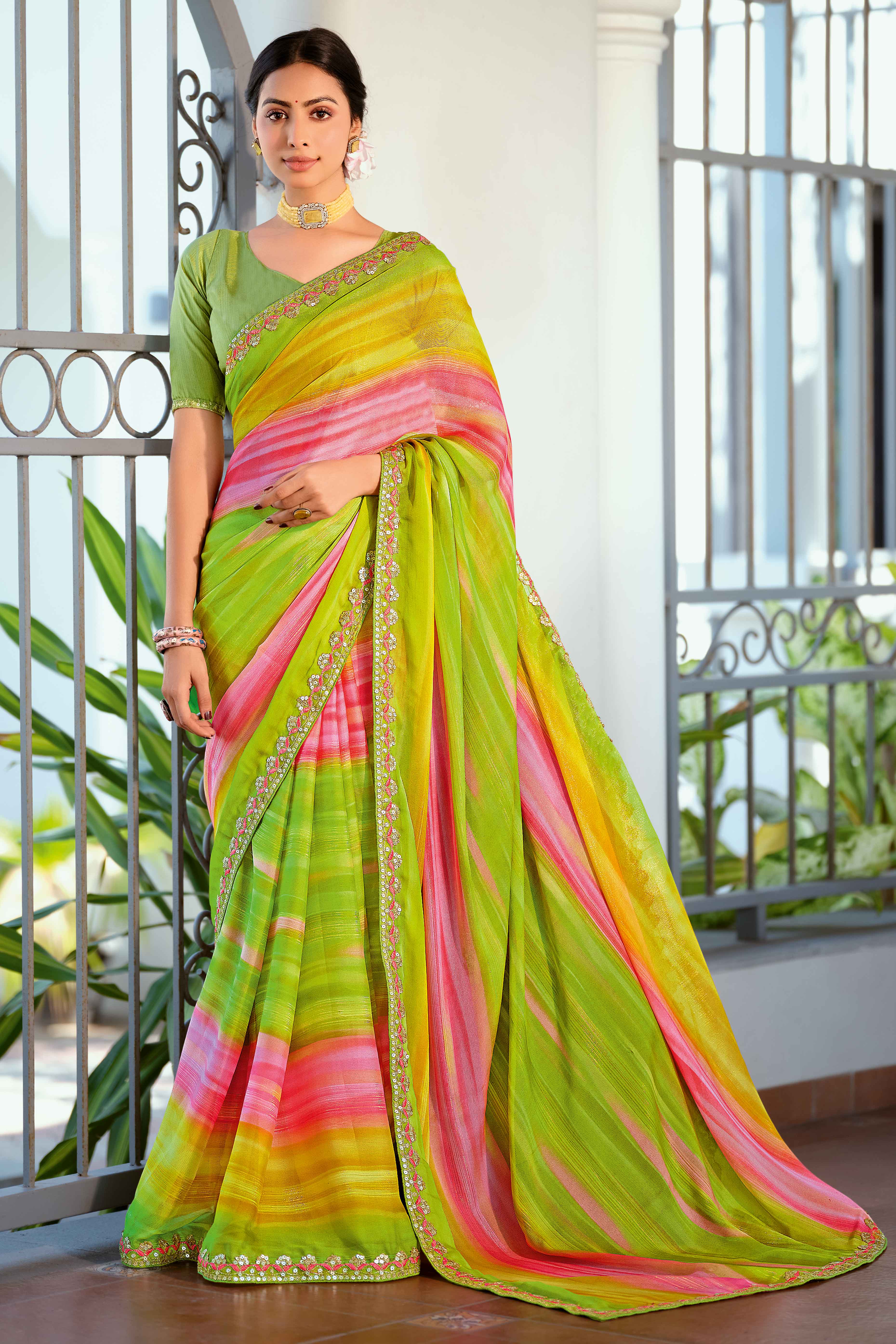Festive Neon Green Georgette Saree with Dazzling Sequin Work Border