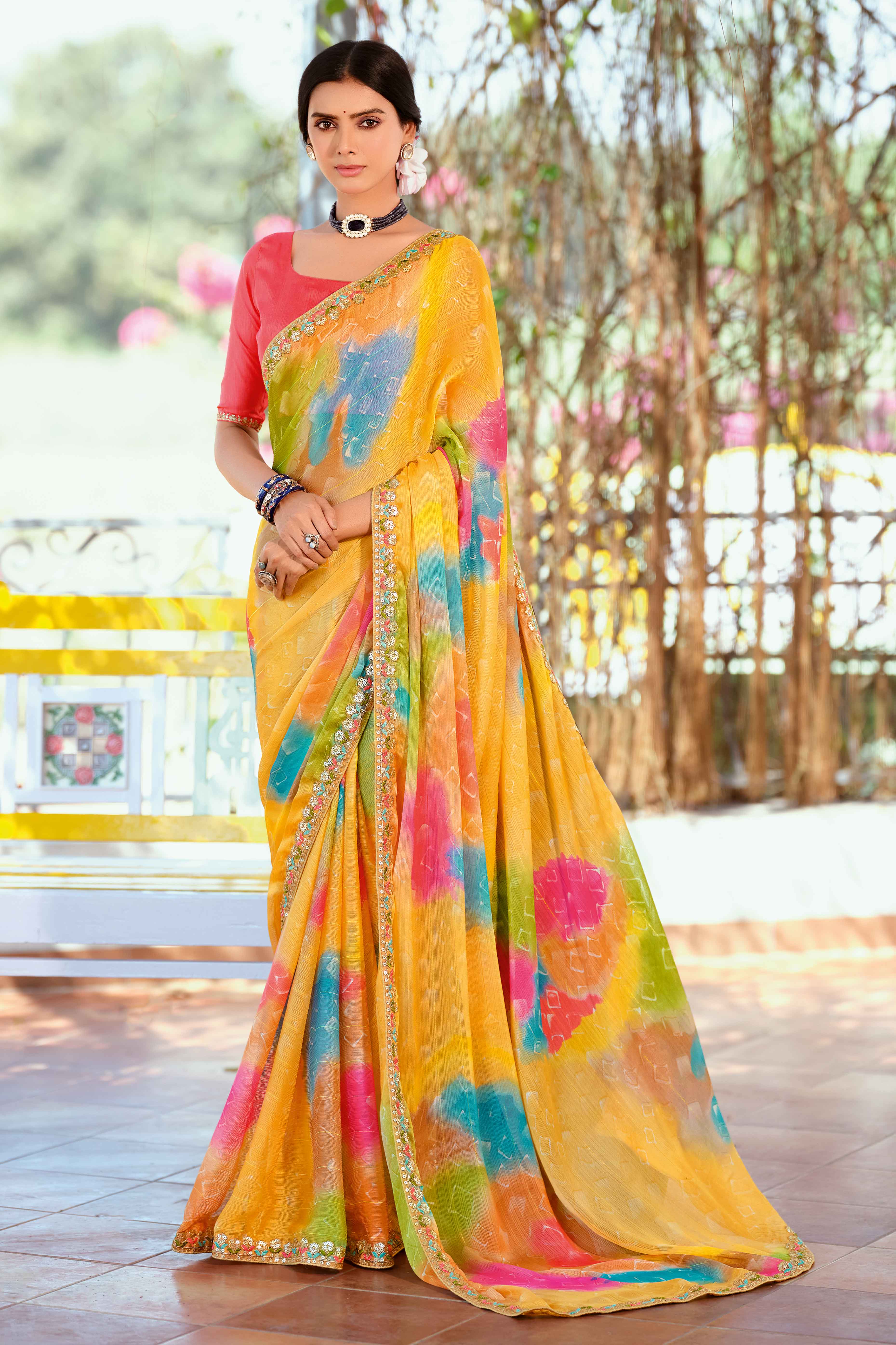 Festive Yellow Georgette Saree with Dazzling Sequin Work Border