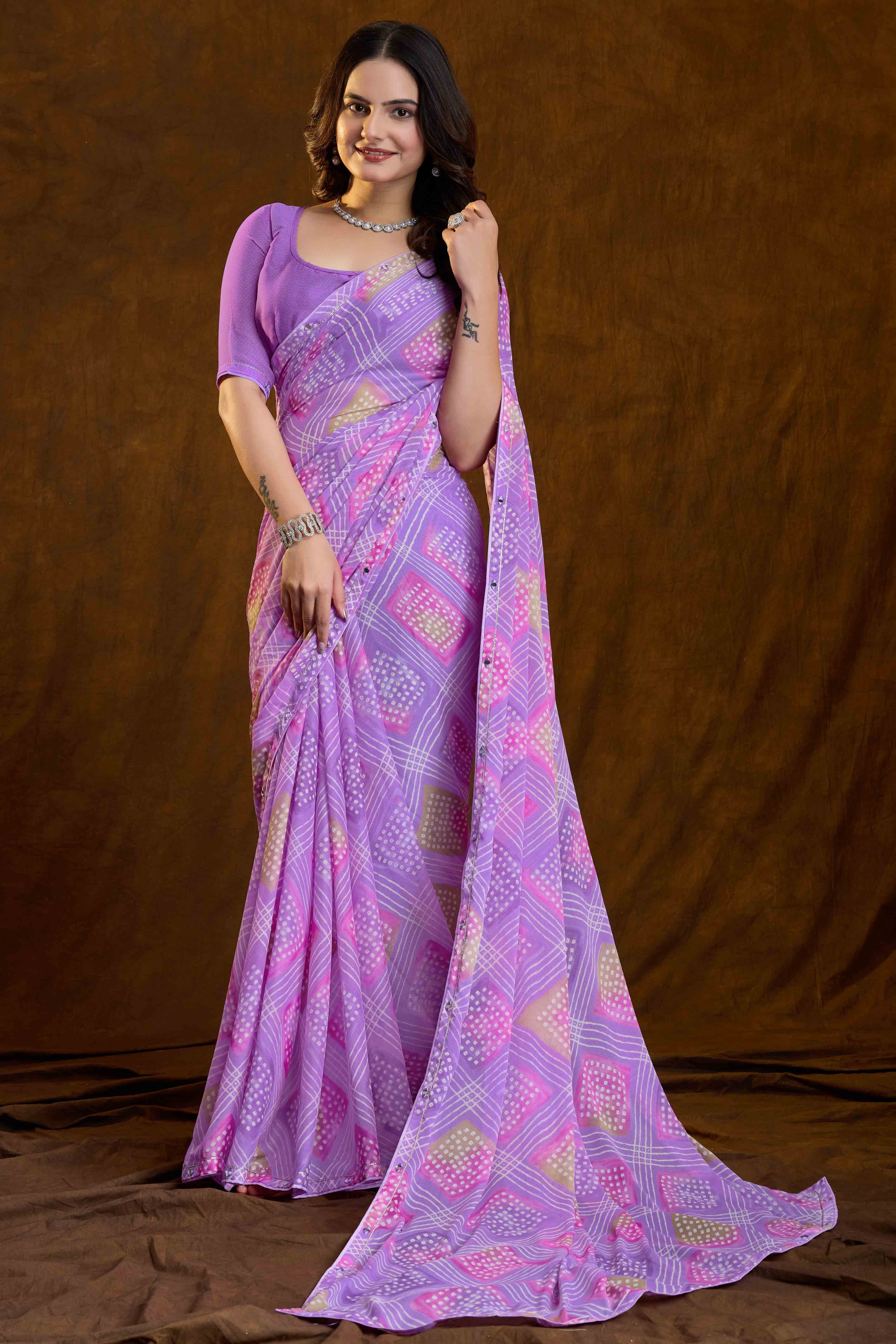 Purple Bandhani Printed Chiffon Saree With Sparkling Mirror Work Border