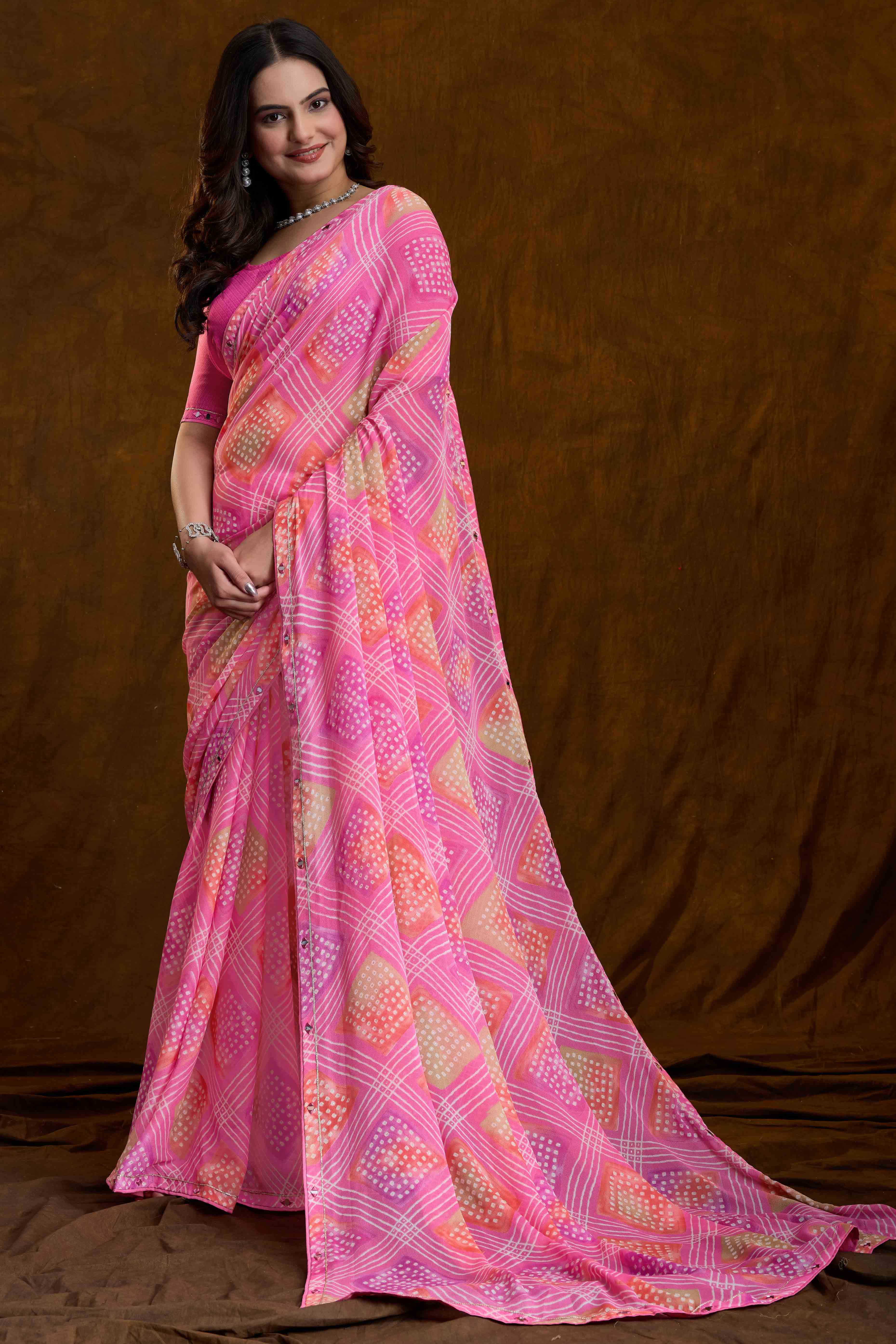 Pink Bandhani Printed Chiffon Saree With Sparkling Mirror Work Border