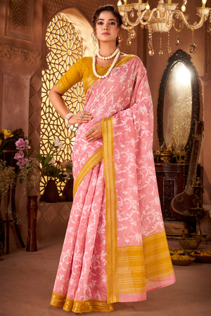 Sophisticated Baby Pink Mulmul Cotton Saree Featuring Delicate Floral Prints & Weaving Border