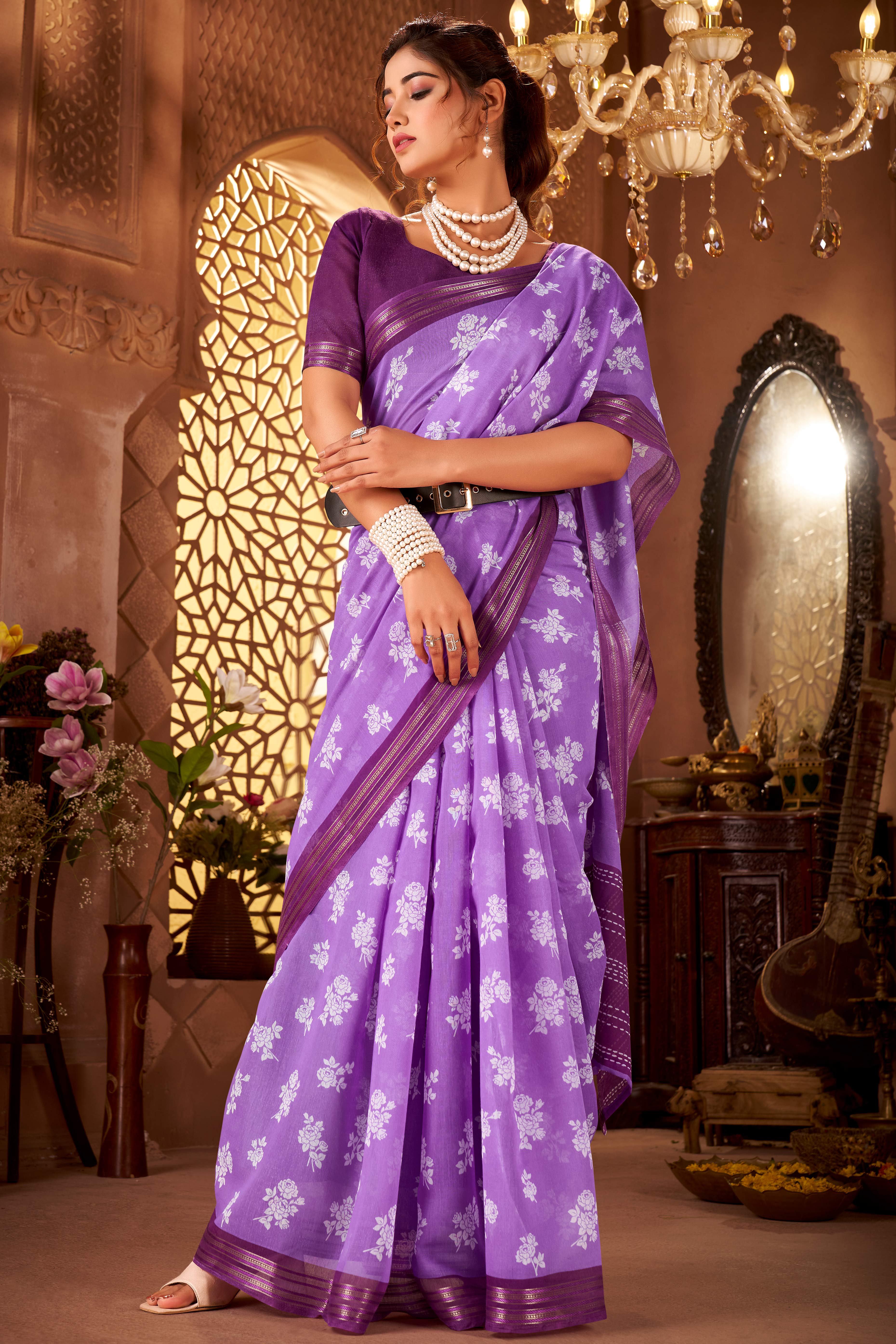 Sophisticated Purple Mulmul Cotton Saree Featuring Delicate Floral Prints & Weaving Border