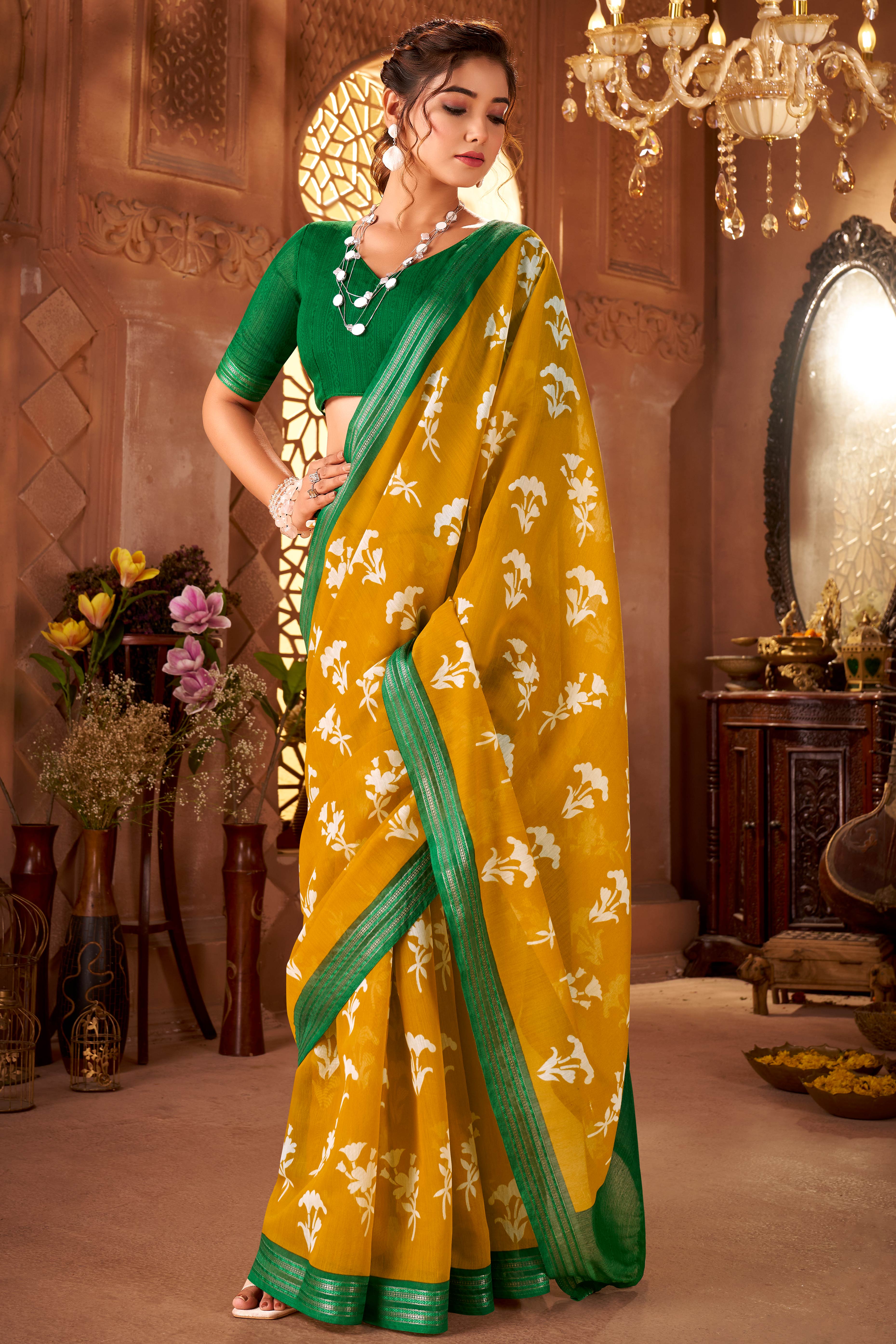 Sophisticated Mustard Mulmul Cotton Saree Featuring Delicate Floral Prints & Weaving Border
