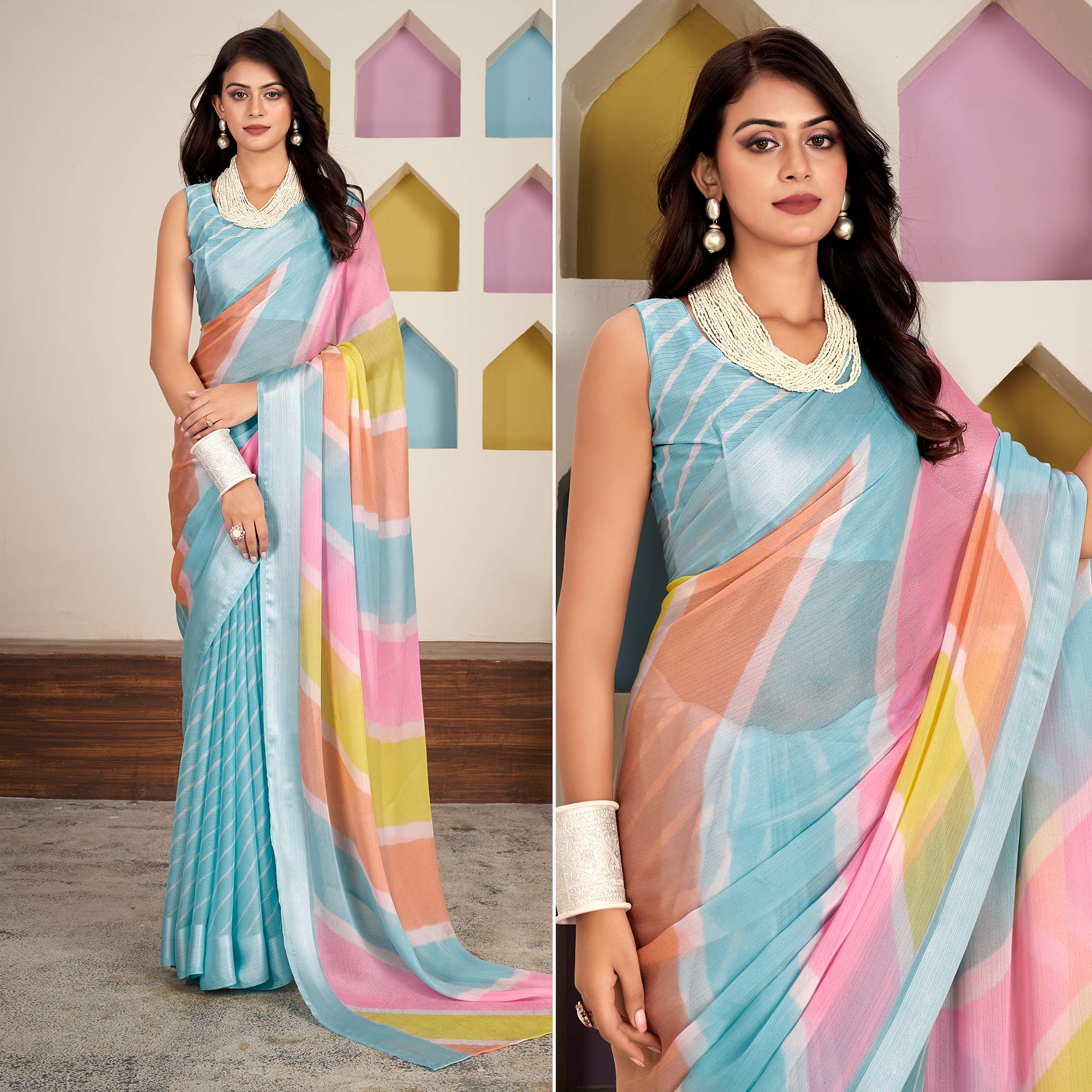 Blue Printed Chiffon Saree