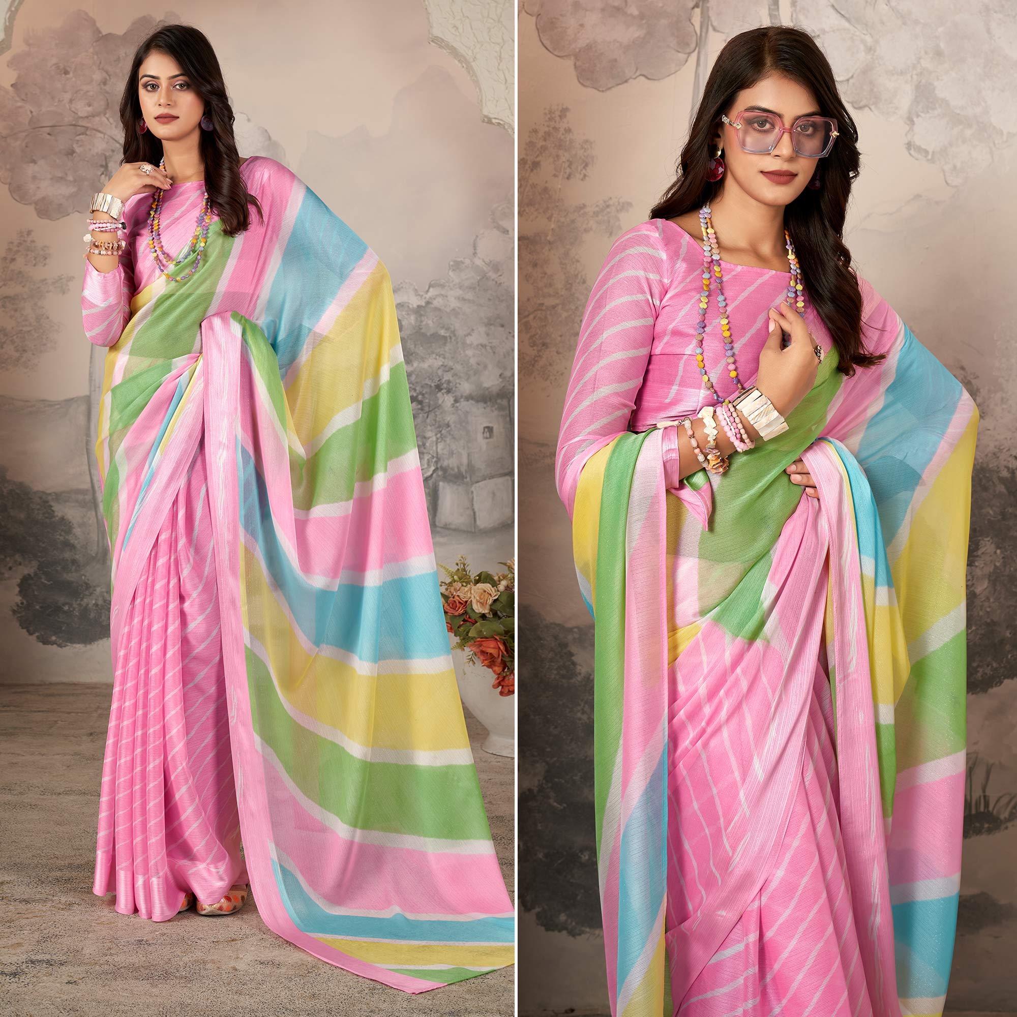 Pink Printed Chiffon Saree