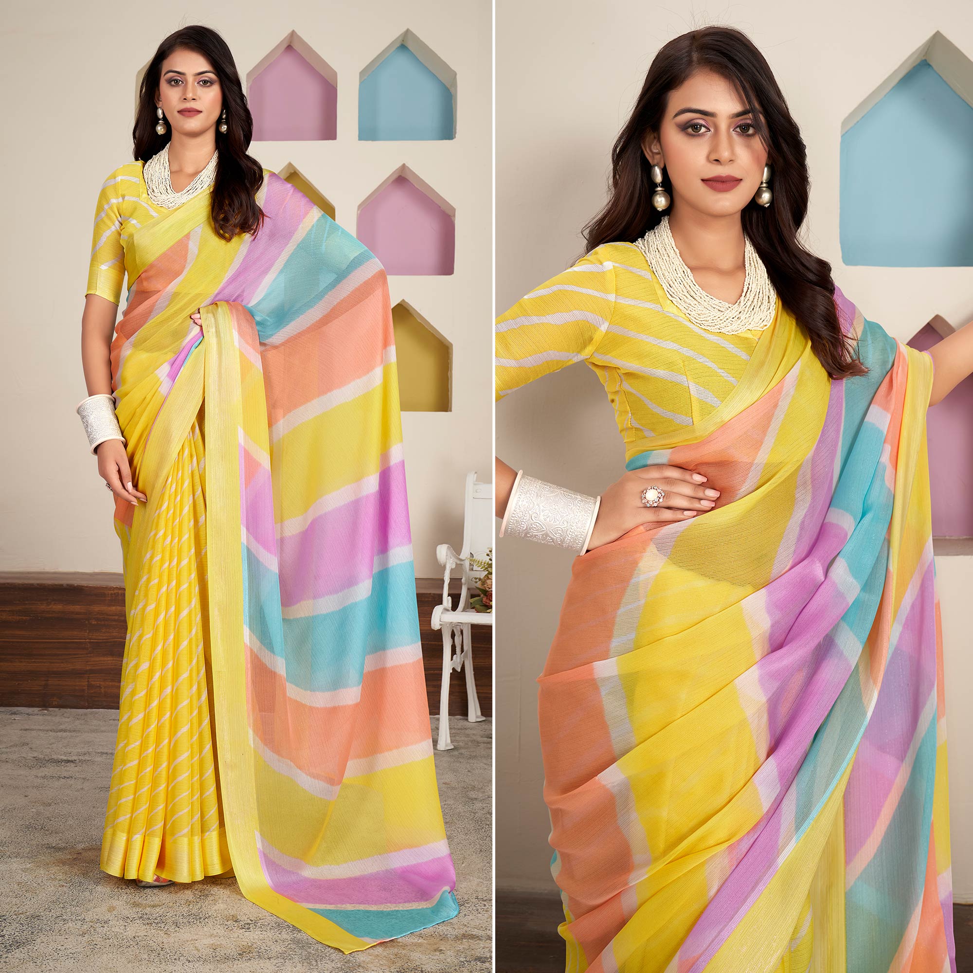 Yellow Printed Chiffon Saree