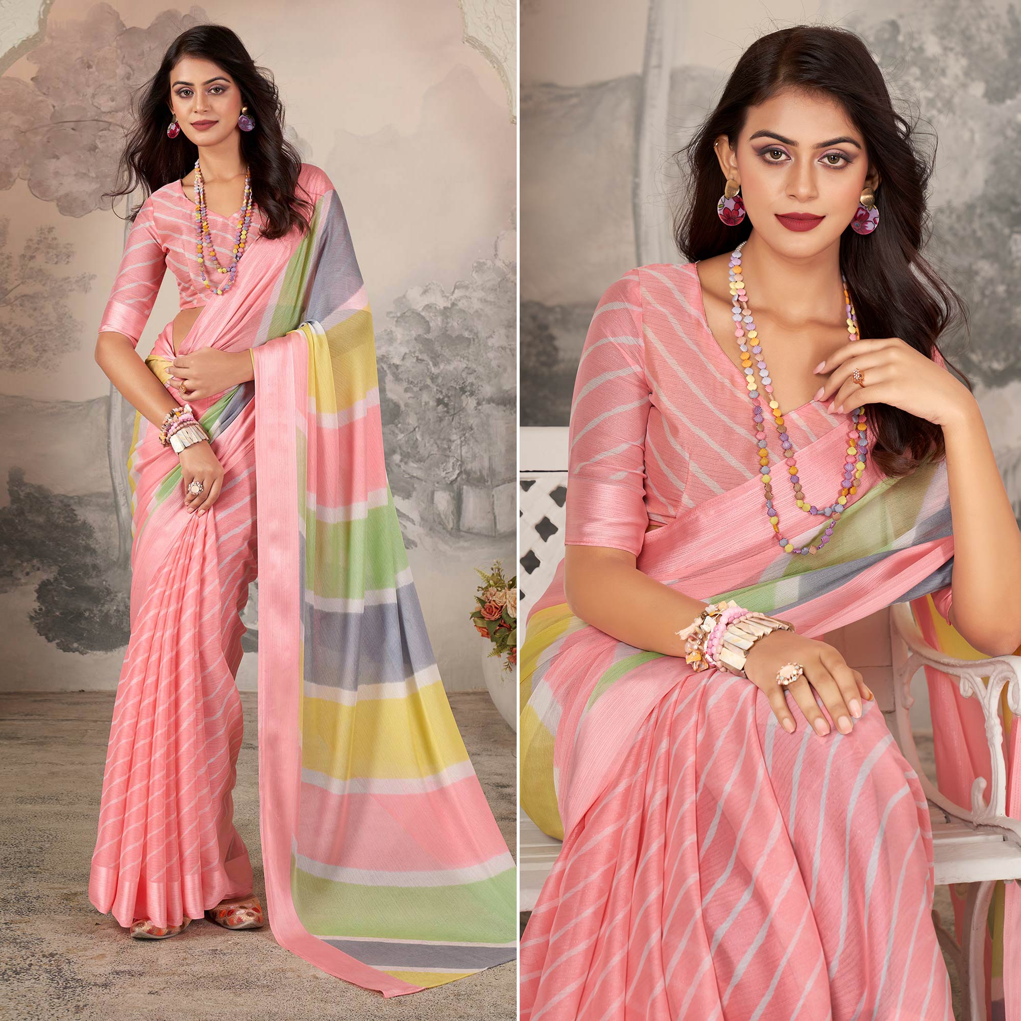 Peach Printed Chiffon Saree