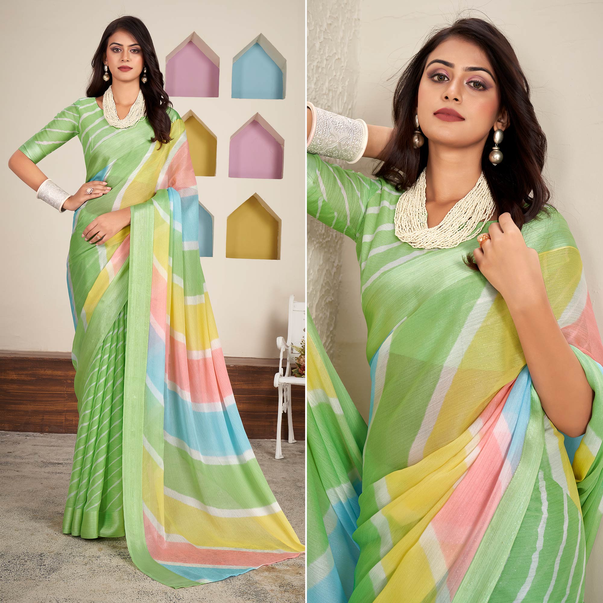 Green Printed Chiffon Saree