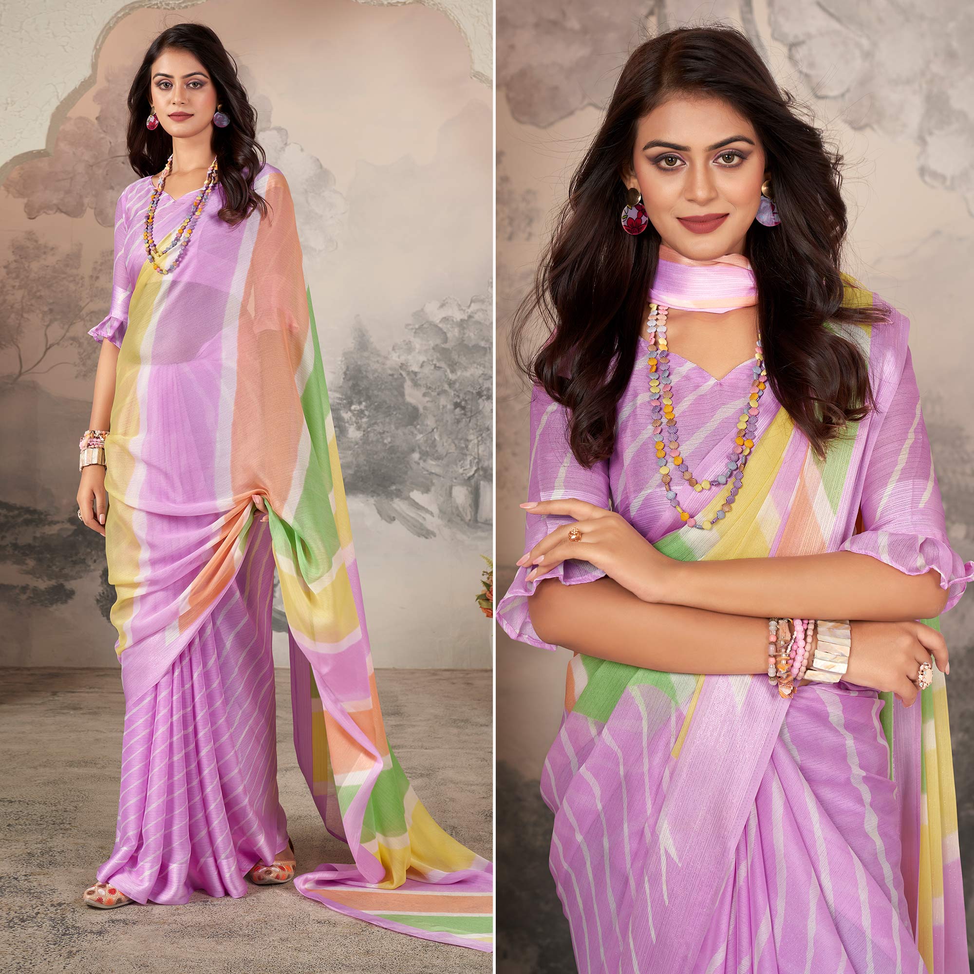 Purple Printed Chiffon Saree