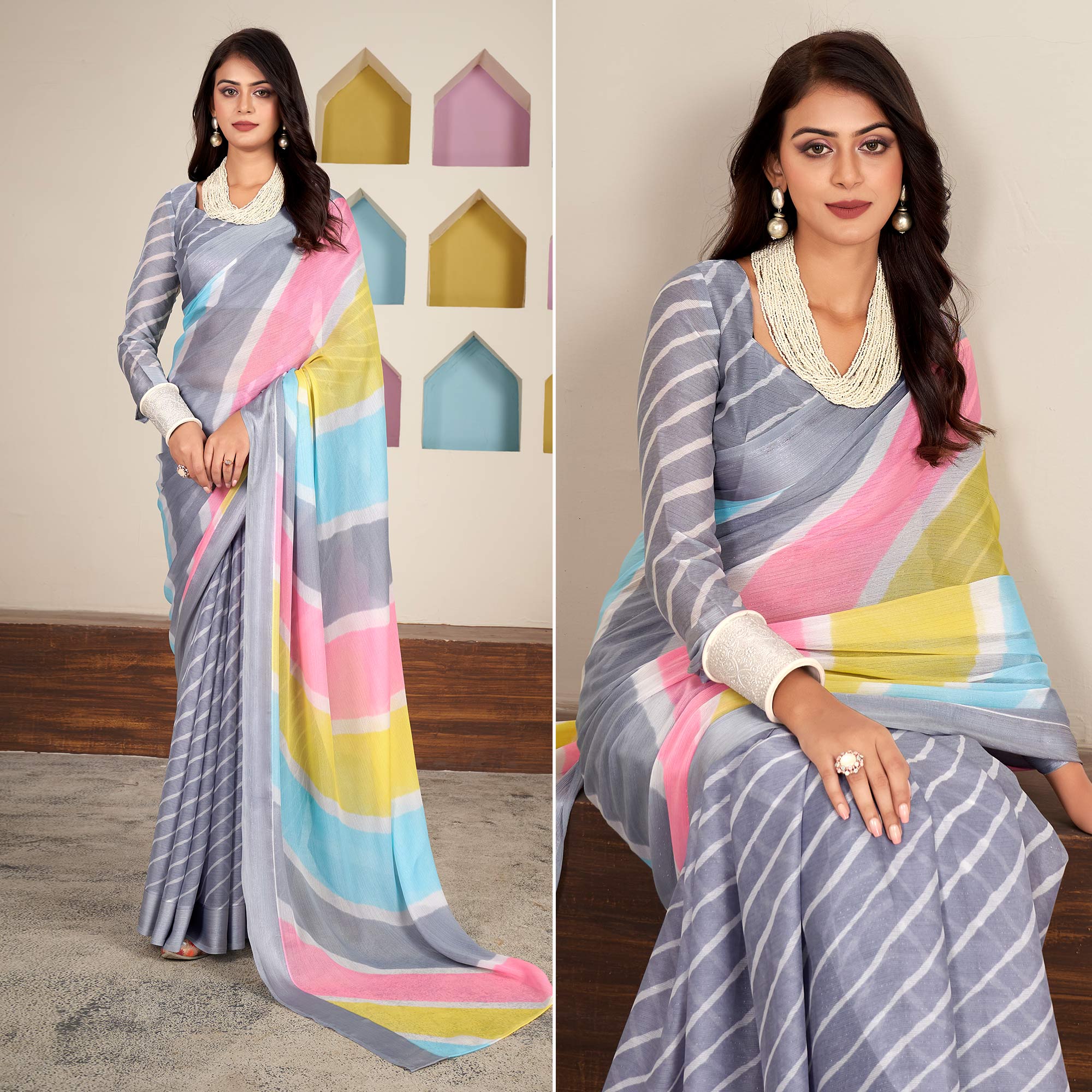 Grey Printed Chiffon Saree