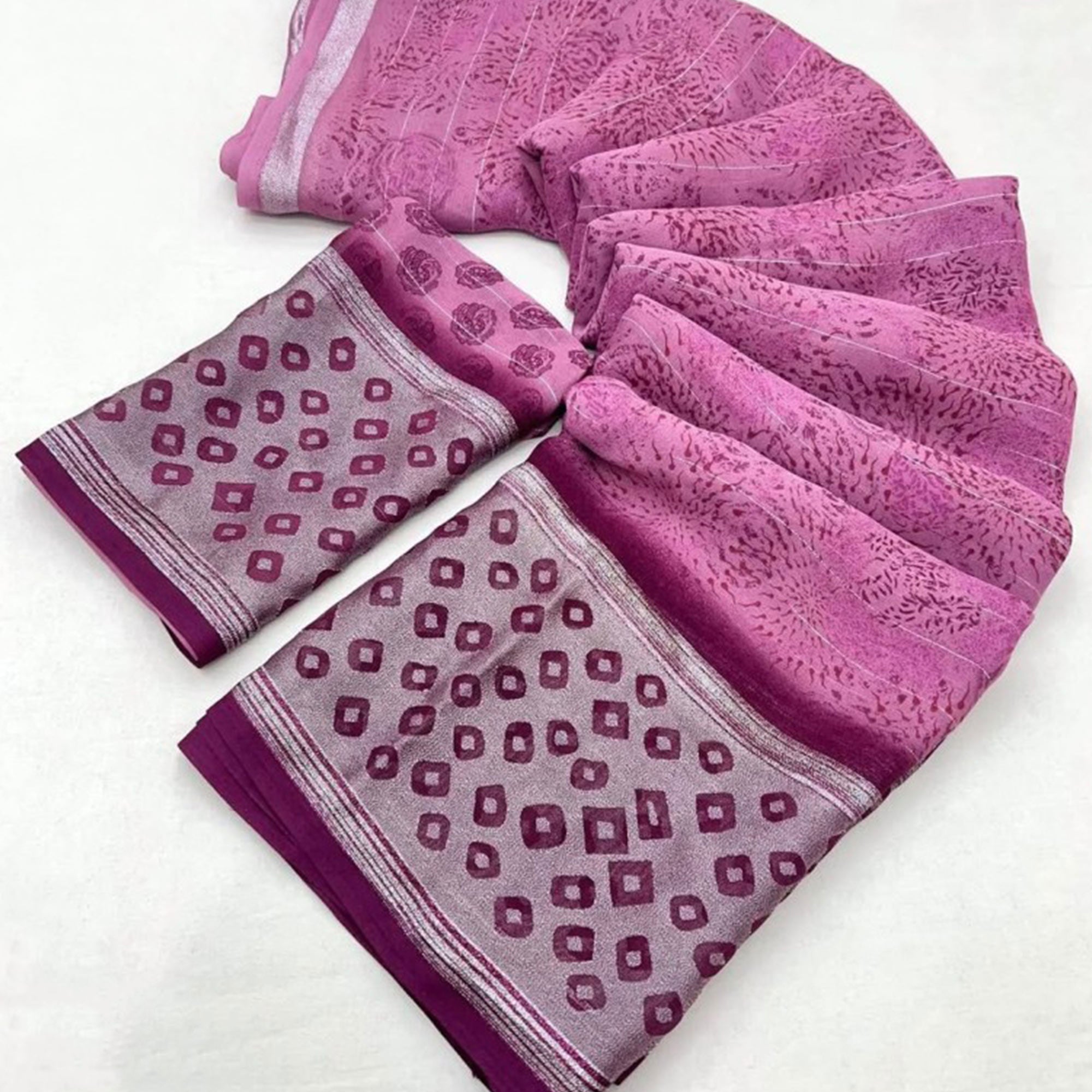 Pink Floral Printed Chiffon Saree