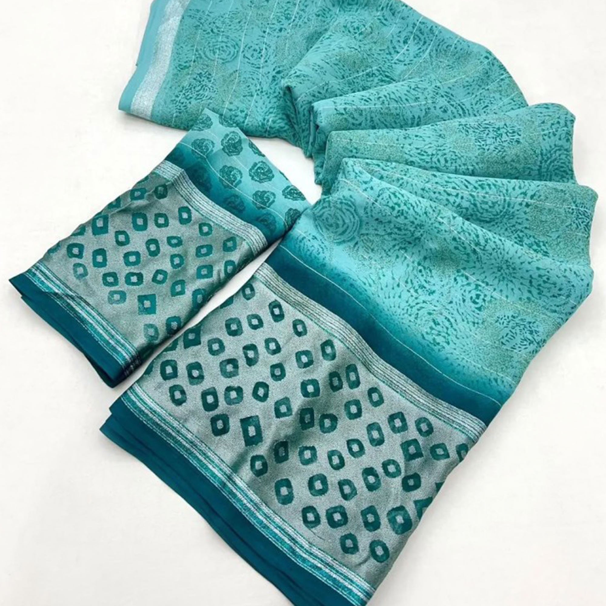 Turquoise Floral Printed Chiffon Saree