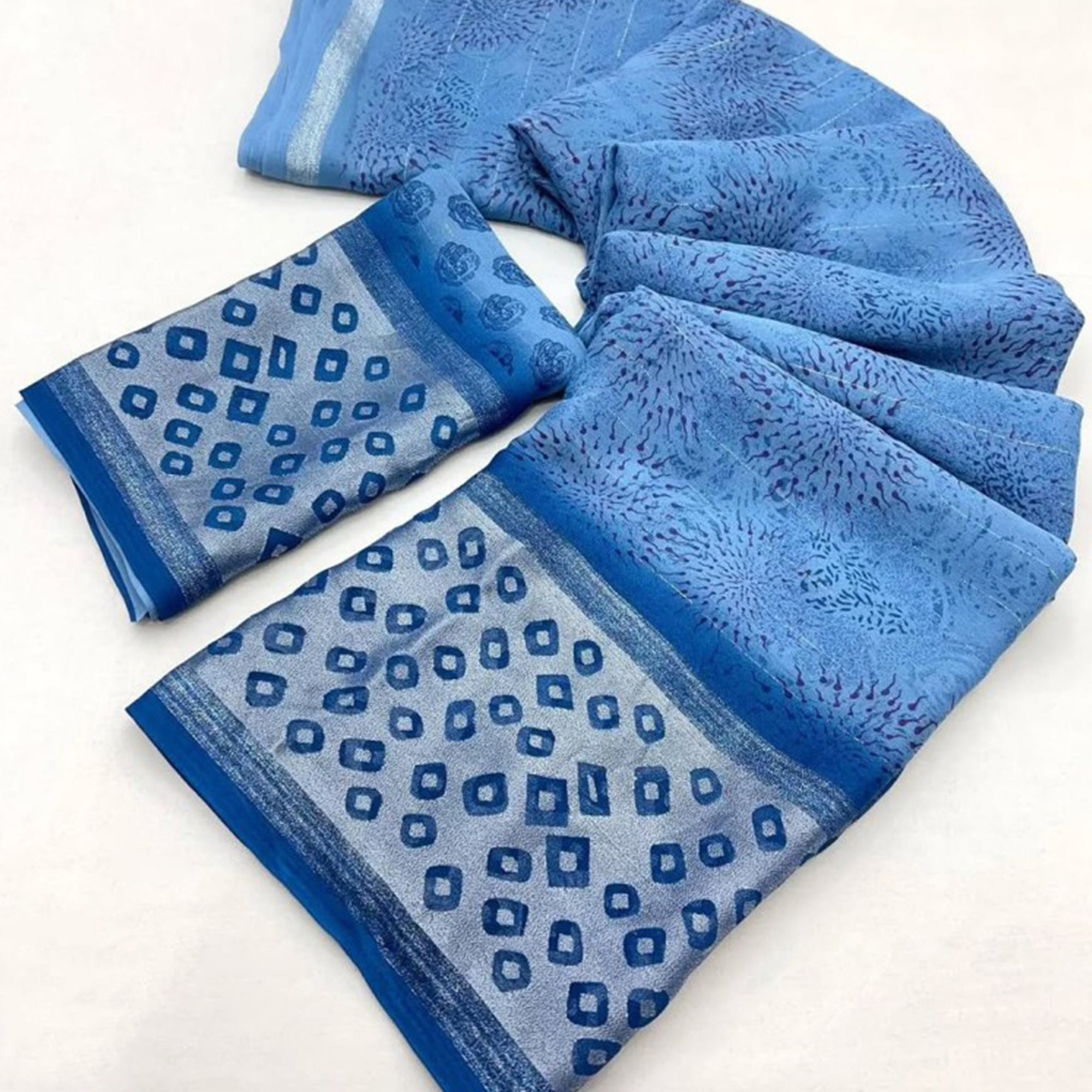 Blue Floral Printed Chiffon Saree