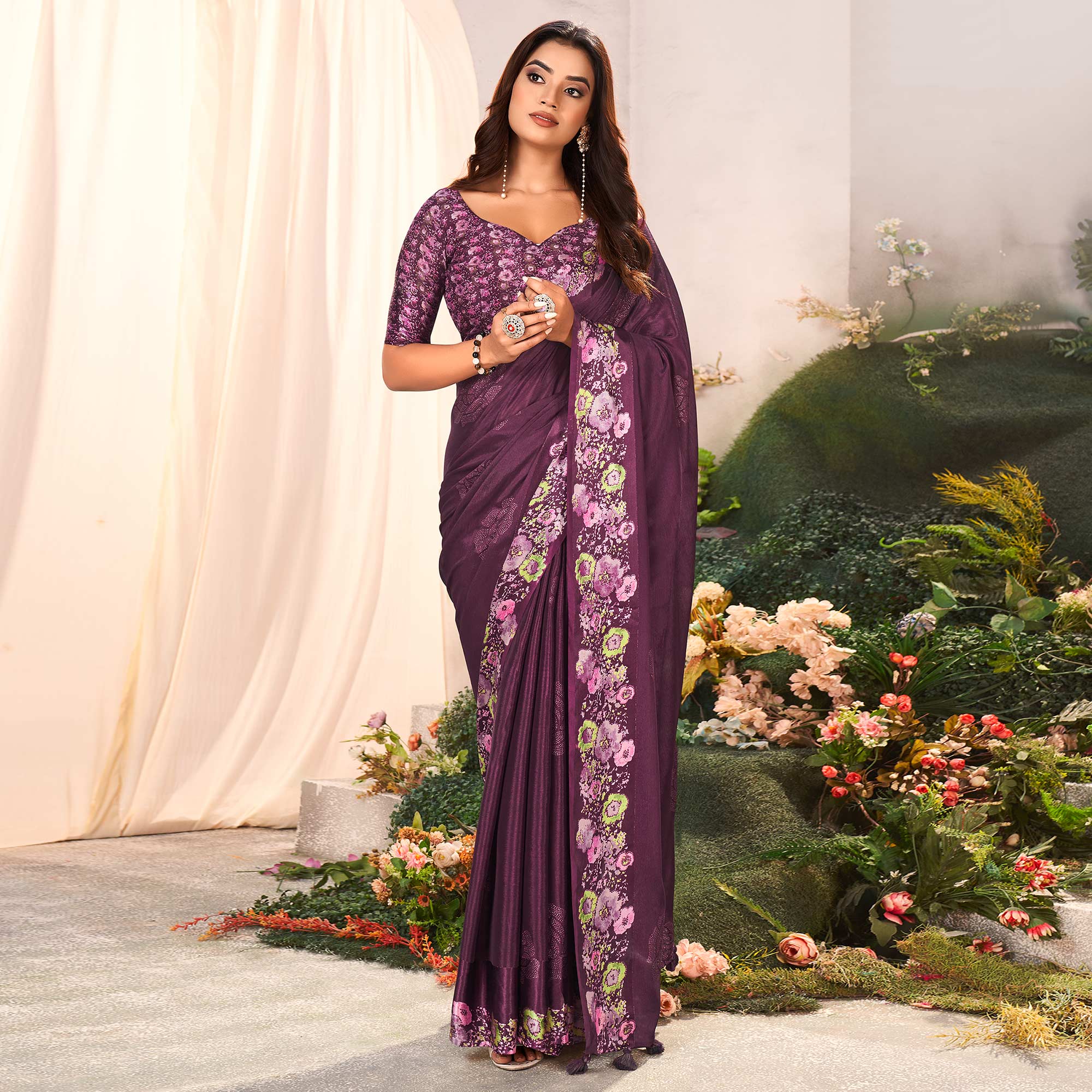 Purple Floral Foil Printed Chiffon Saree With Tassels