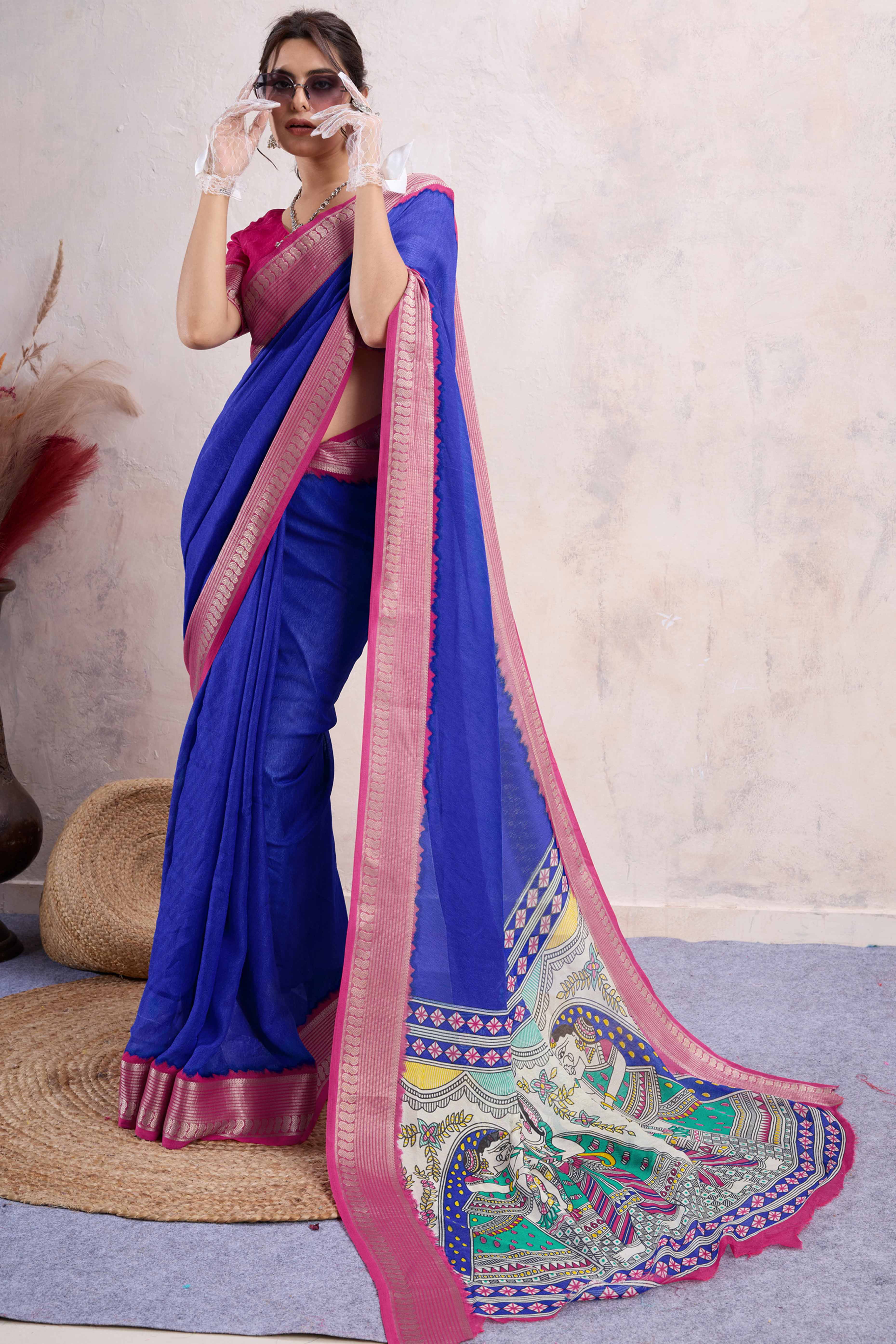 Blue Printed Cotton Silk Saree With Jacquard Border