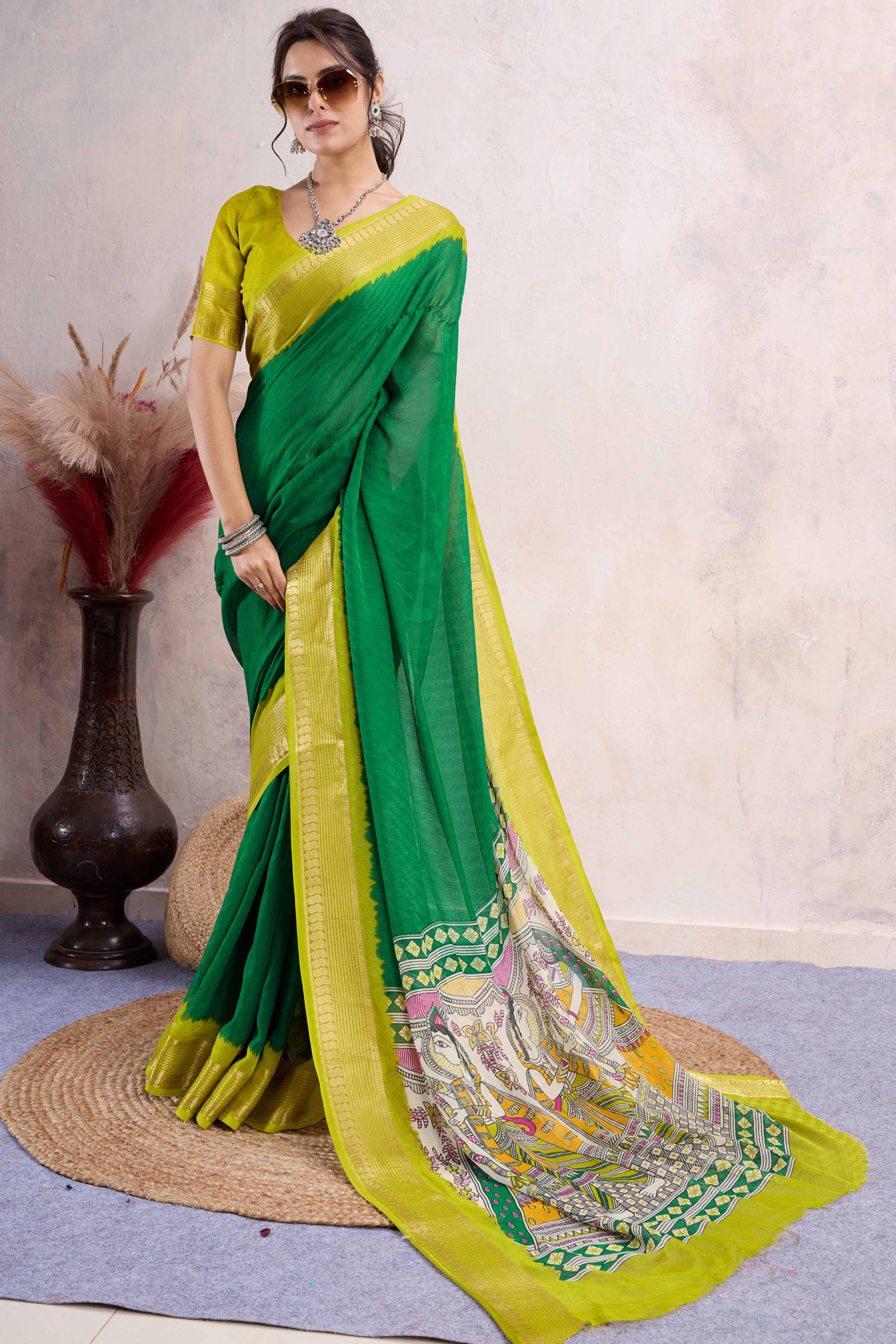 Green Printed Cotton Silk Saree With Jacquard Border
