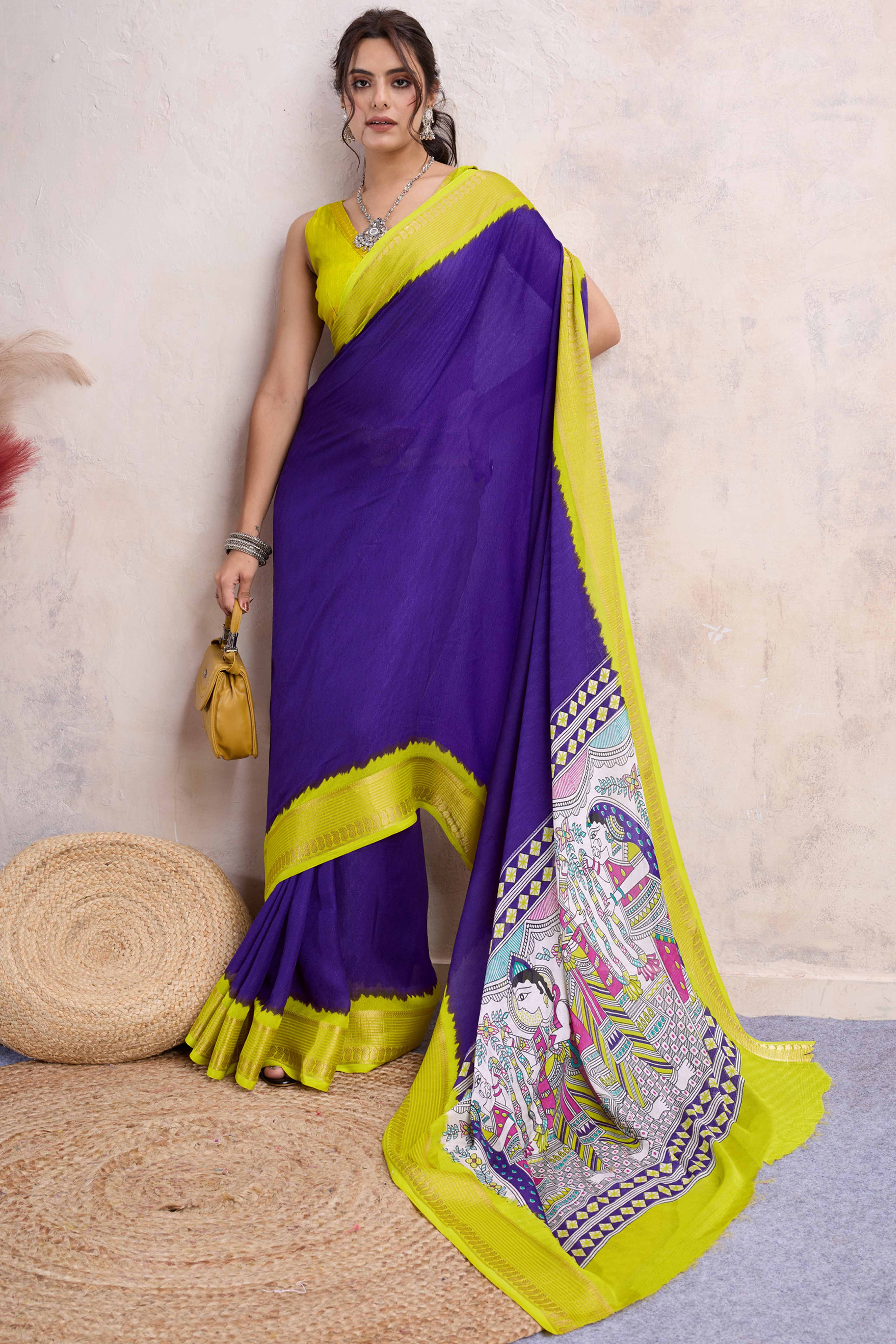 Purple Printed Cotton Silk Saree With Jacquard Border