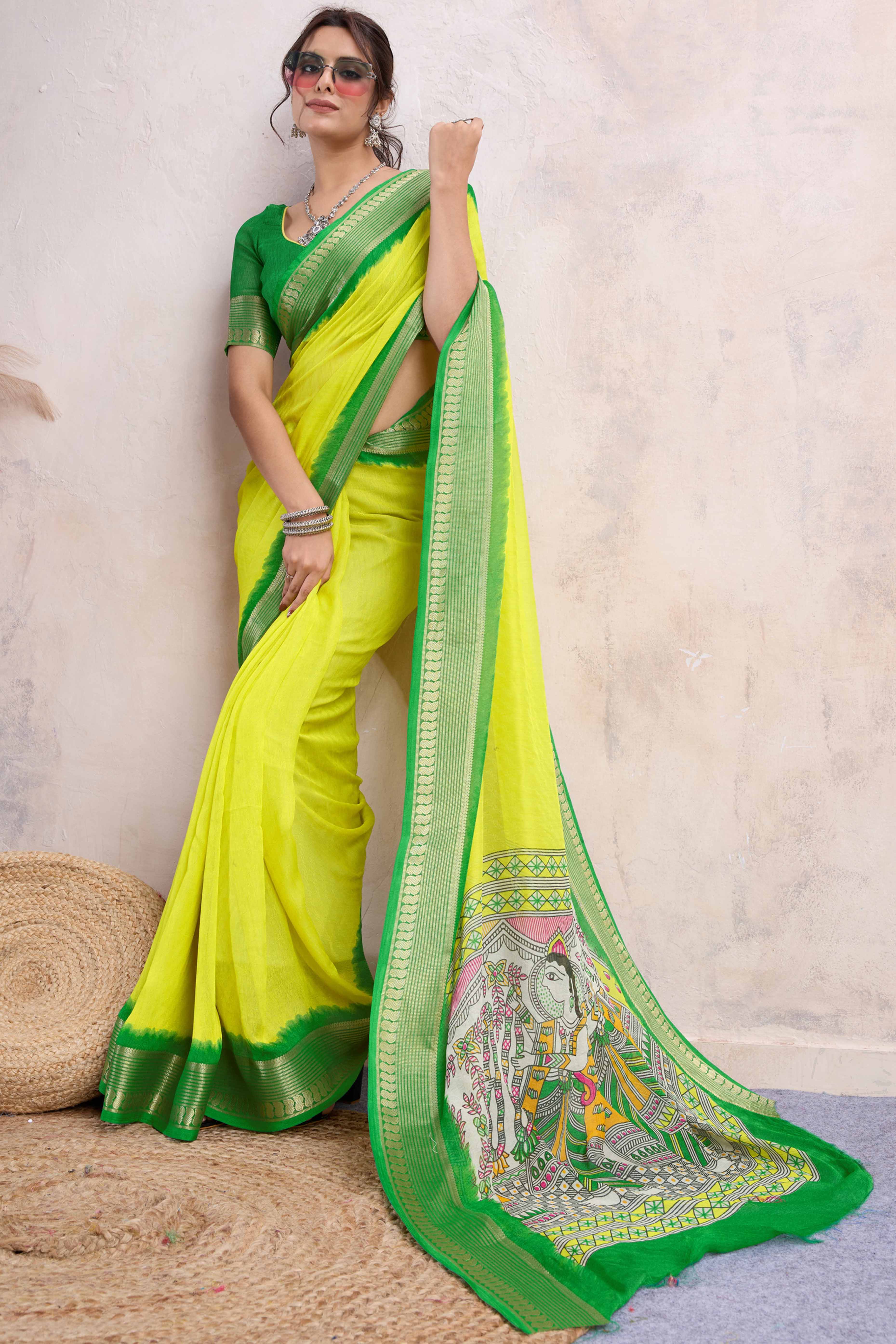 Lemon Yellow Printed Cotton Silk Saree With Jacquard Border