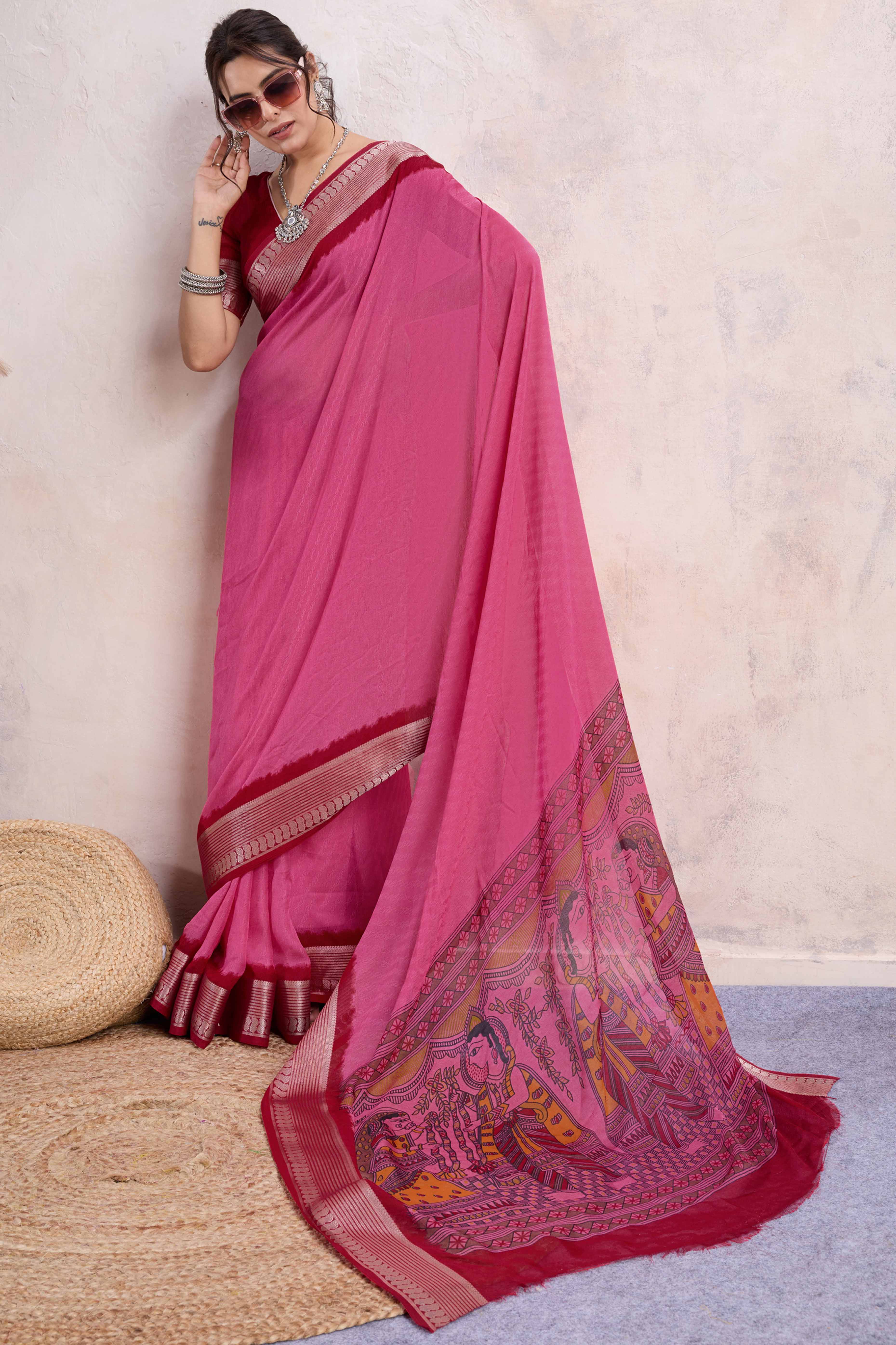 Pink Printed Cotton Silk Saree With Jacquard Border