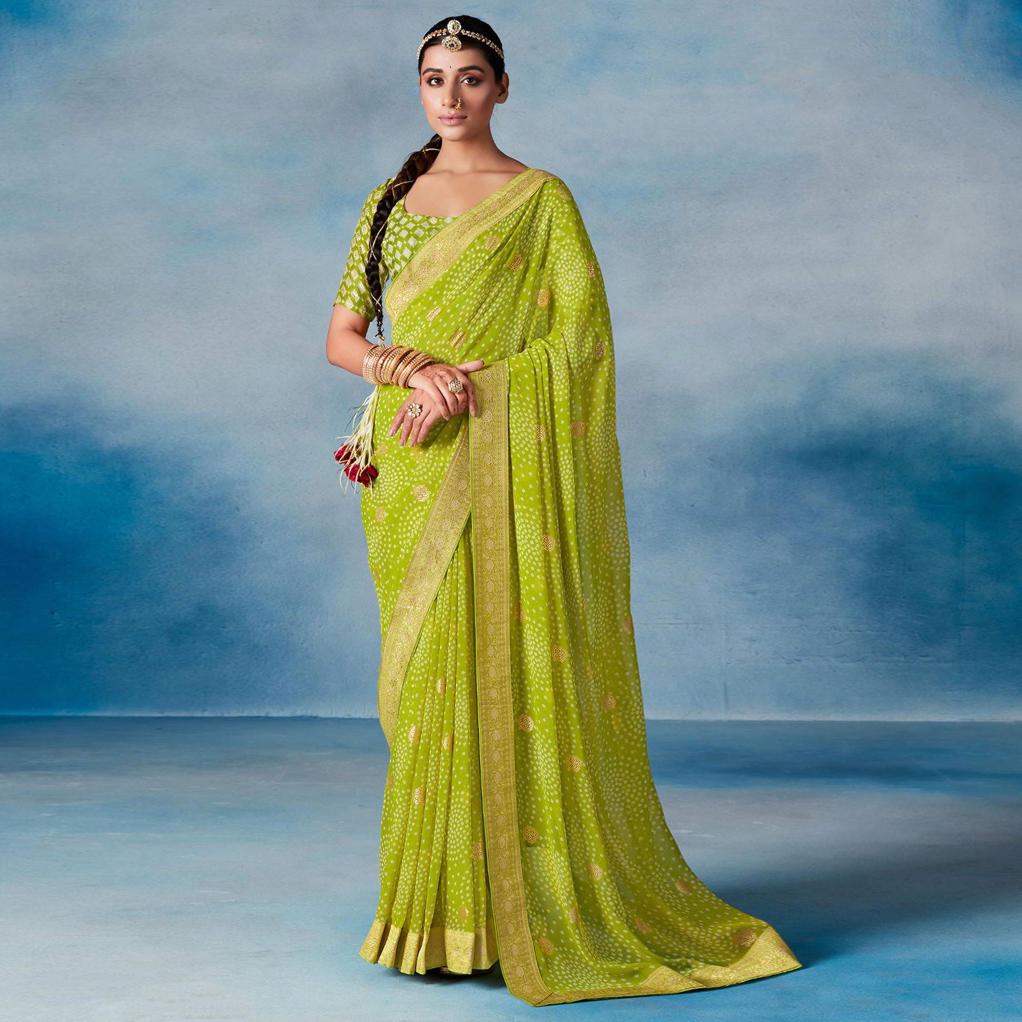 Green Bandhani Foil Printed Georgette Saree