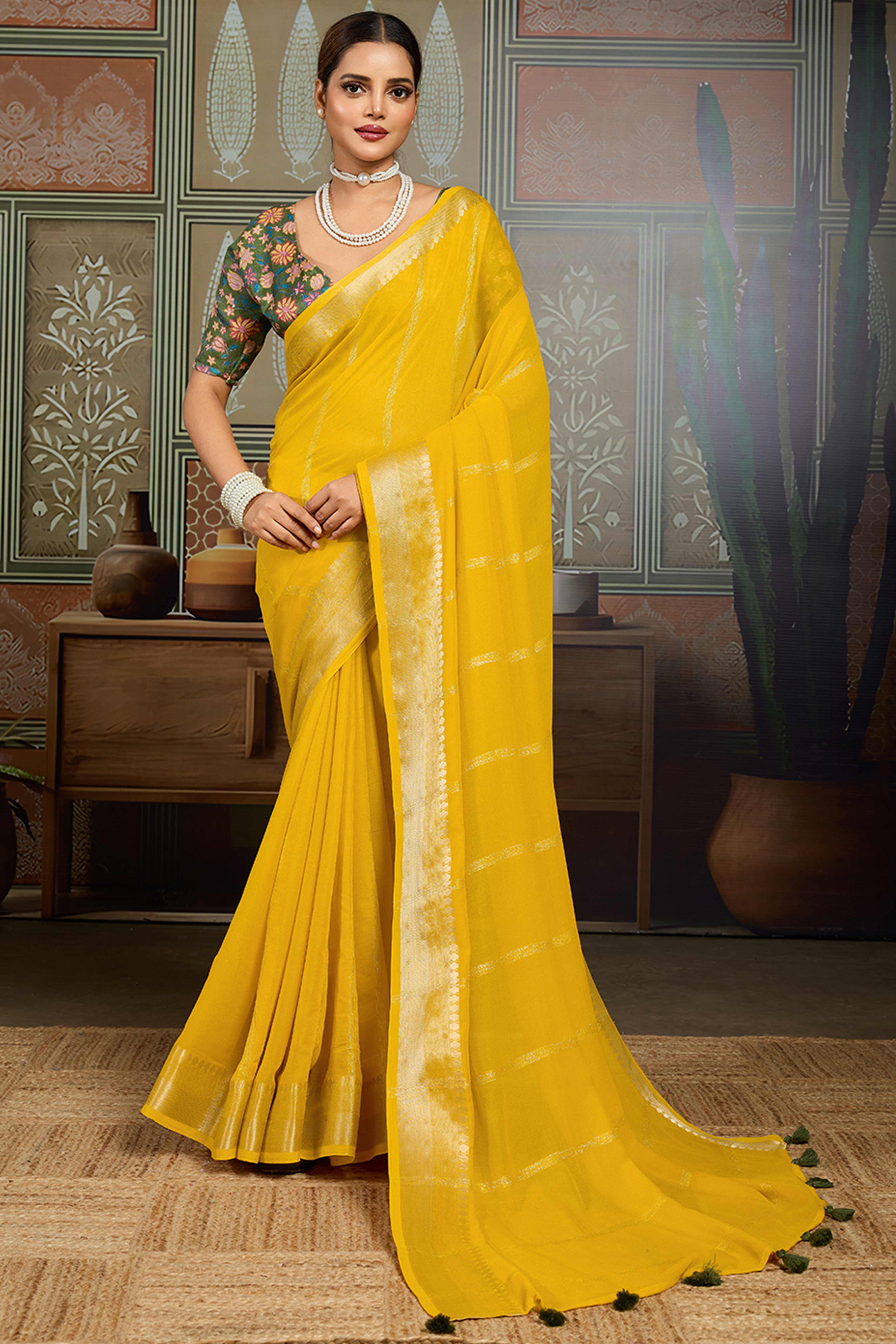 Yellow Striped Pattern Bemberg Saree Adorned With Intricate Zari Weaving & Graceful Tassel Pallu