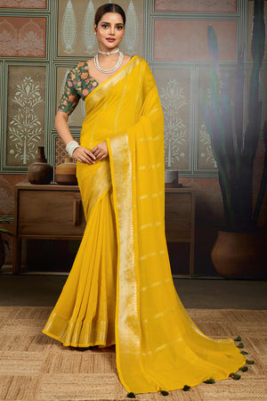 Yellow Striped Pattern Bemberg Saree Adorned With Intricate Zari Weaving & Graceful Tassel Pallu