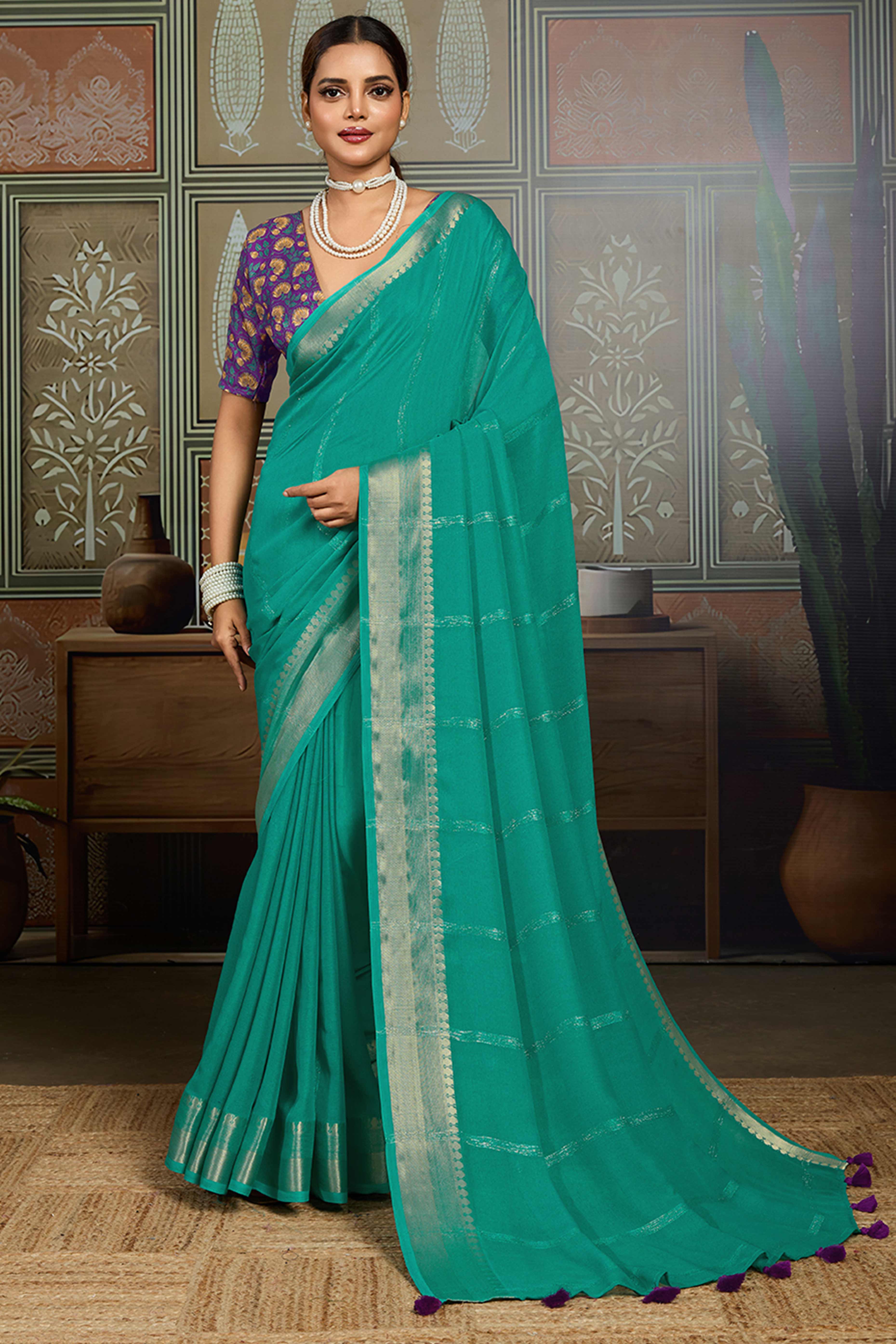 Rama Green Striped Pattern Bemberg Saree Adorned With Intricate Zari Weaving & Graceful Tassel Pallu