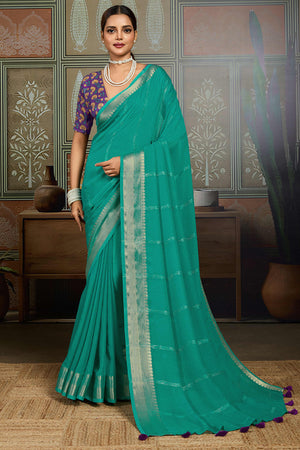 Rama Green Striped Pattern Bemberg Saree Adorned With Intricate Zari Weaving & Graceful Tassel Pallu