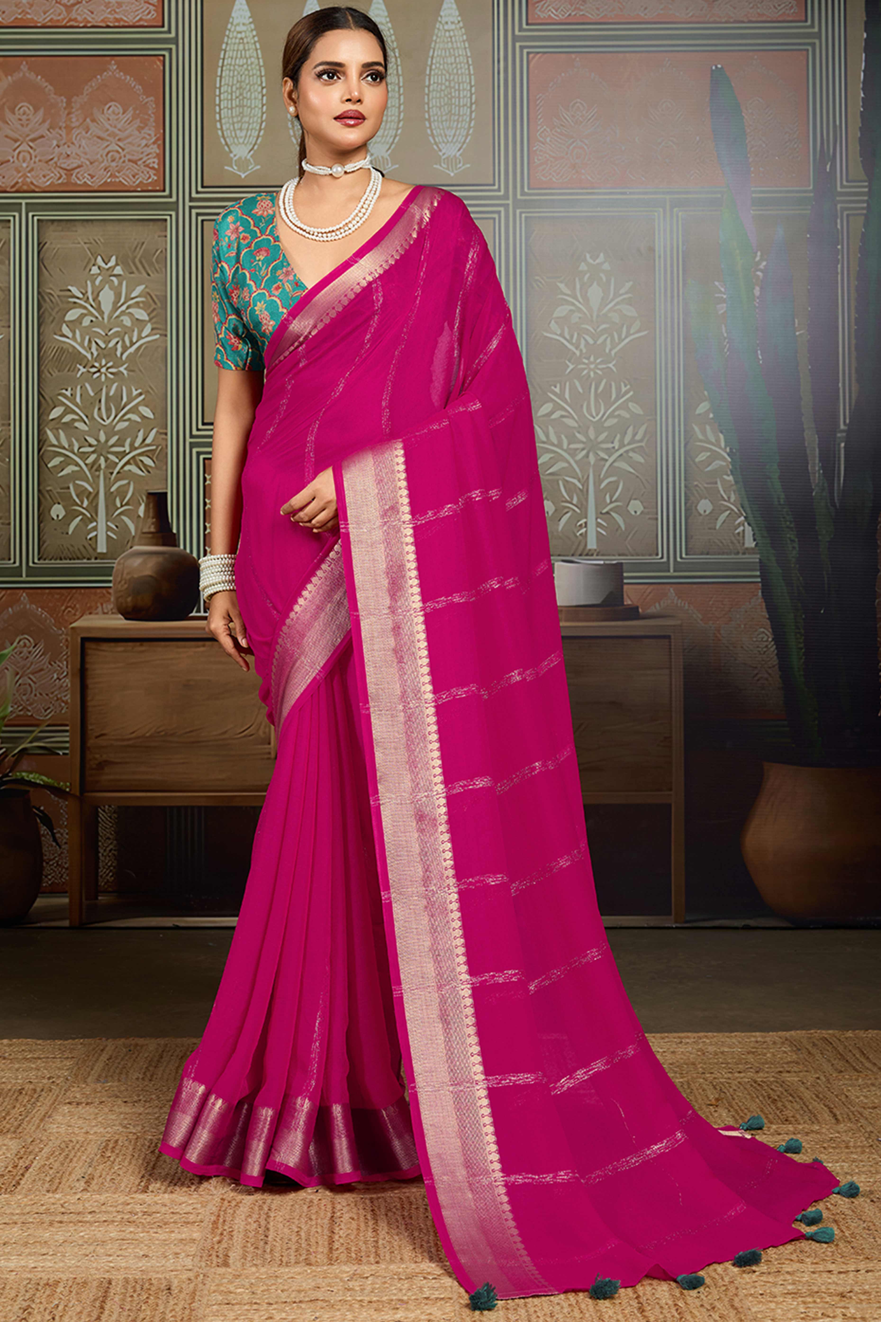 Rani Pink Striped Pattern Bemberg Saree Adorned With Intricate Zari Weaving & Graceful Tassel Pallu