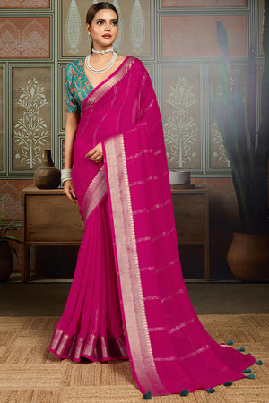 Rani Pink Striped Pattern Bemberg Saree Adorned With Intricate Zari Weaving & Graceful Tassel Pallu