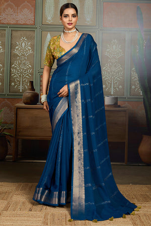Blue Striped Pattern Bemberg Saree Adorned With Intricate Zari Weaving & Graceful Tassel Pallu