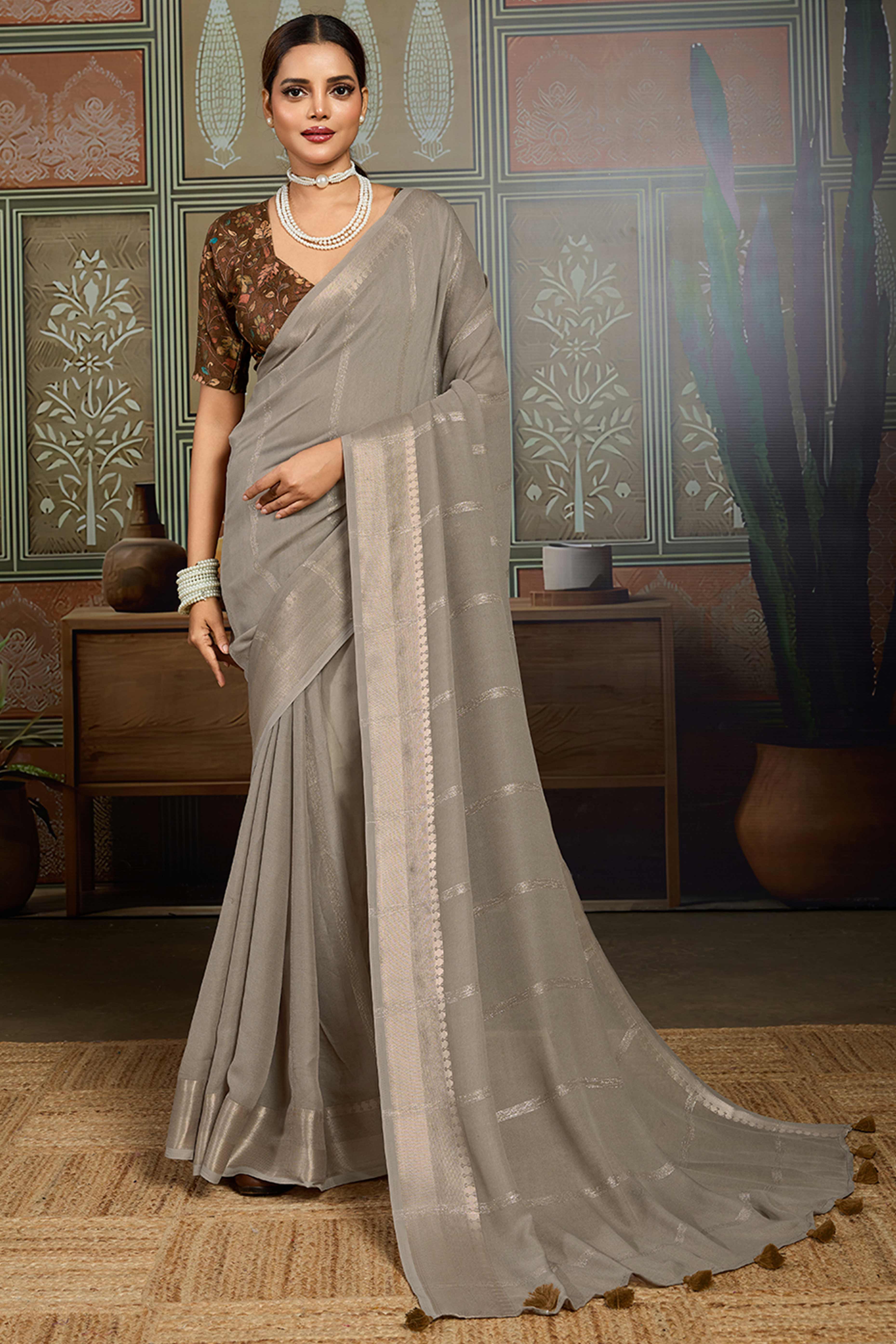 Grey Striped Pattern Bemberg Saree Adorned With Intricate Zari Weaving & Graceful Tassel Pallu