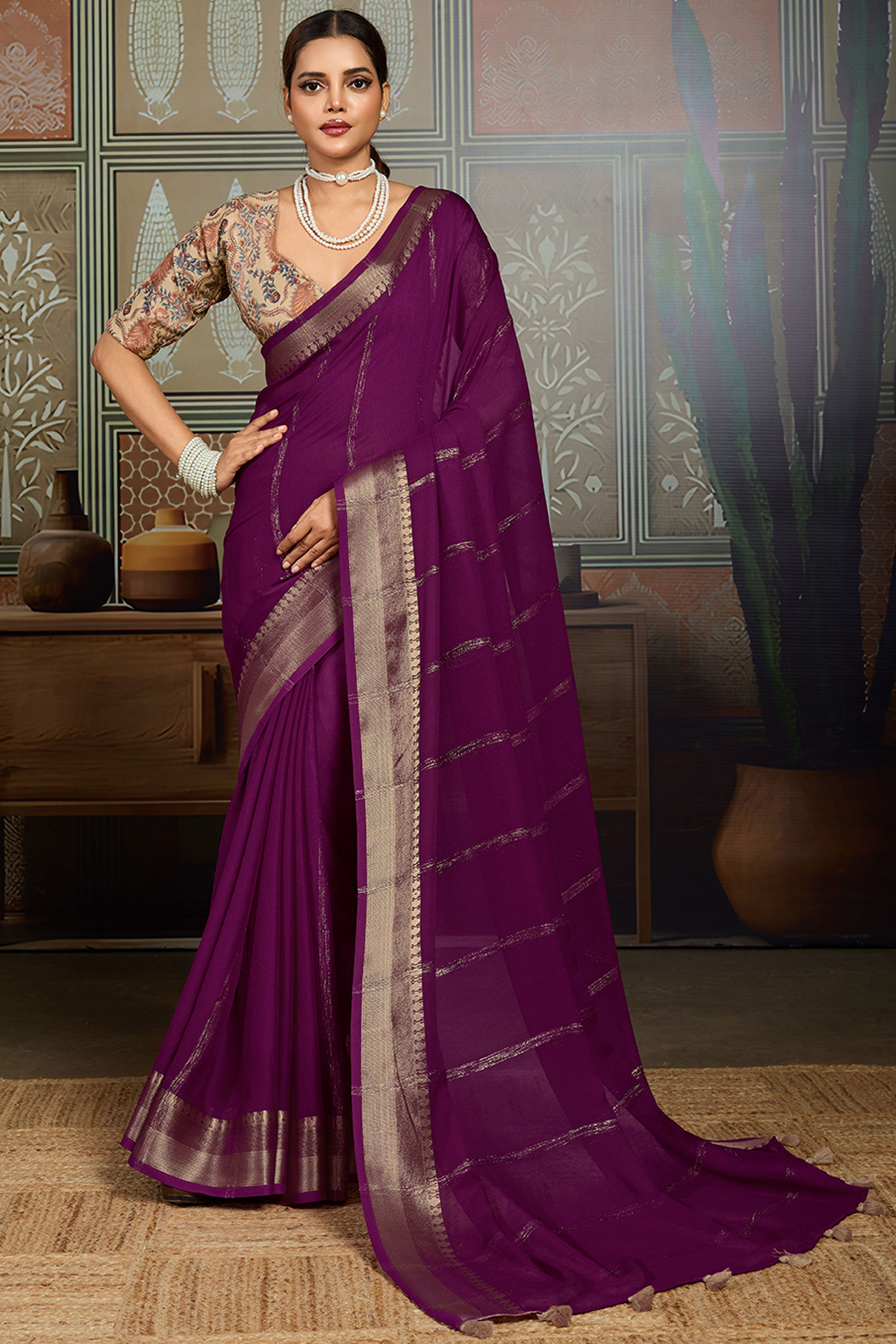 Purple Striped Pattern Bemberg Saree Adorned With Intricate Zari Weaving & Graceful Tassel Pallu