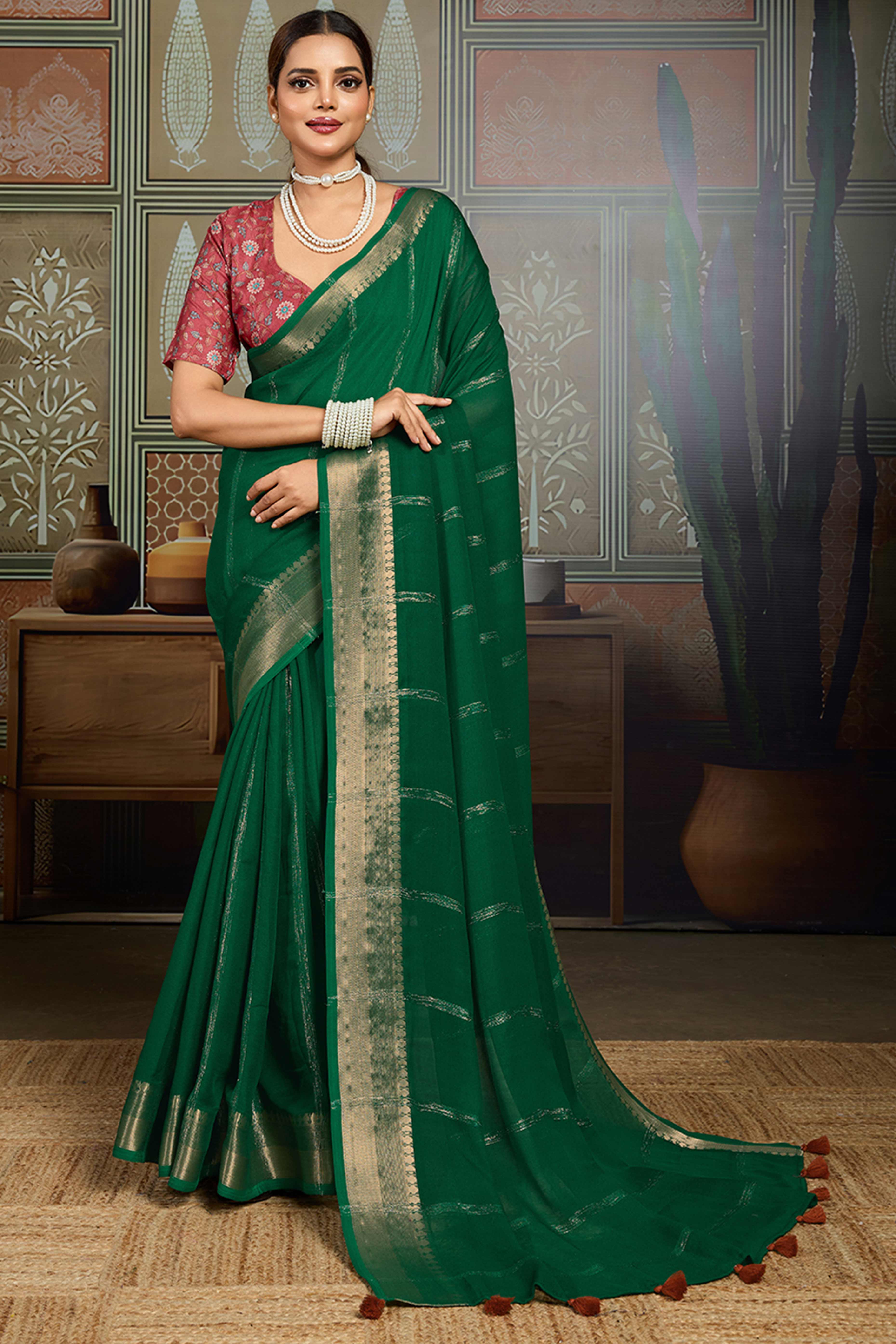 Green Striped Pattern Bemberg Saree Adorned With Intricate Zari Weaving & Graceful Tassel Pallu