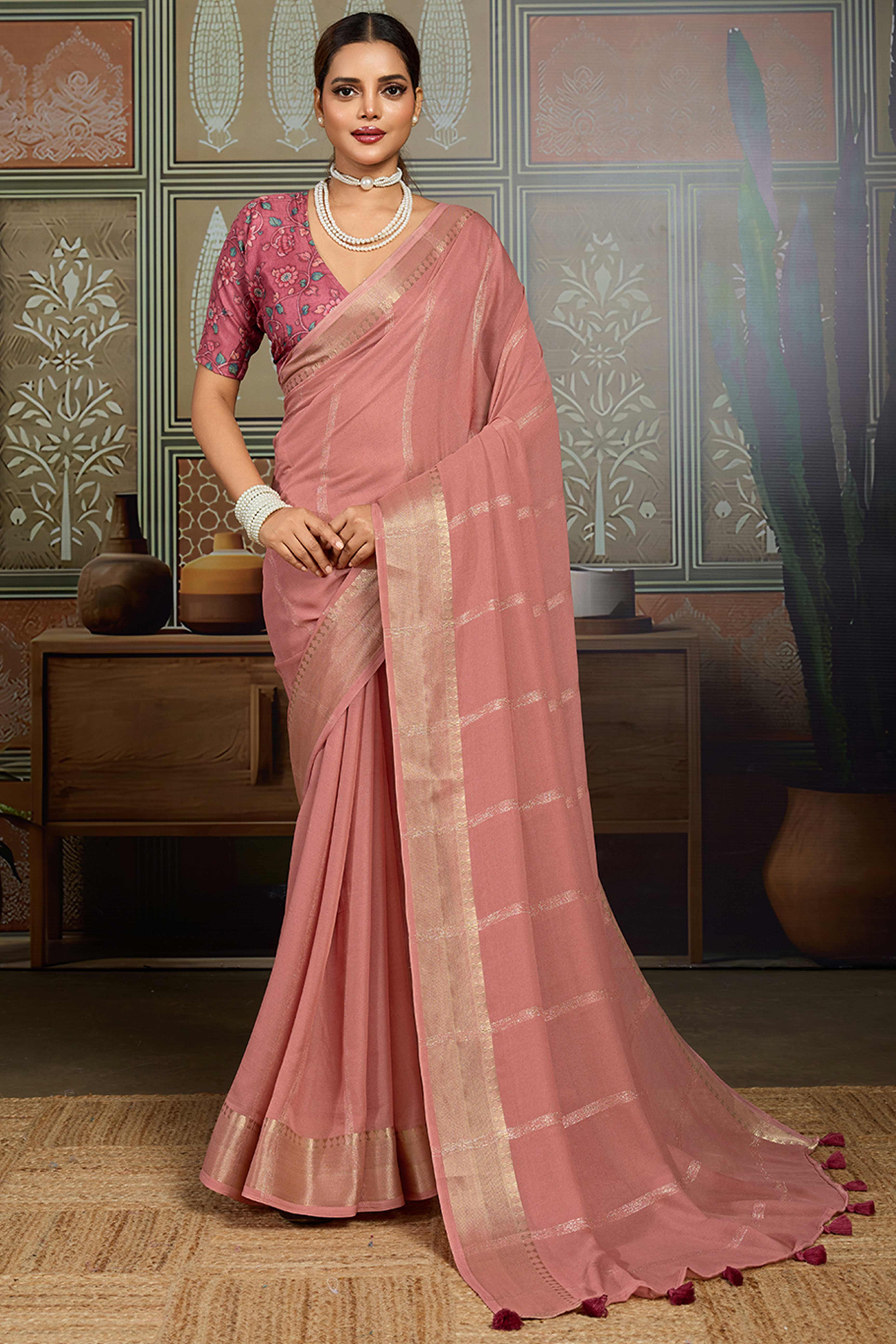 Pink Striped Pattern Bemberg Saree Adorned With Intricate Zari Weaving & Graceful Tassel Pallu