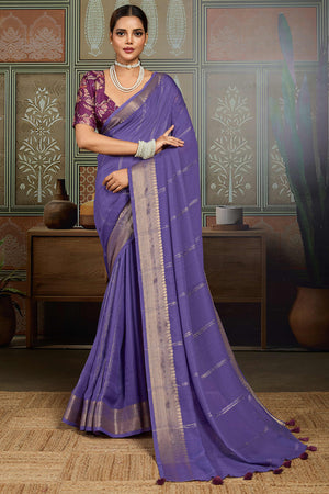 Lavender Striped Pattern Bemberg Saree Adorned With Intricate Zari Weaving & Graceful Tassel Pallu