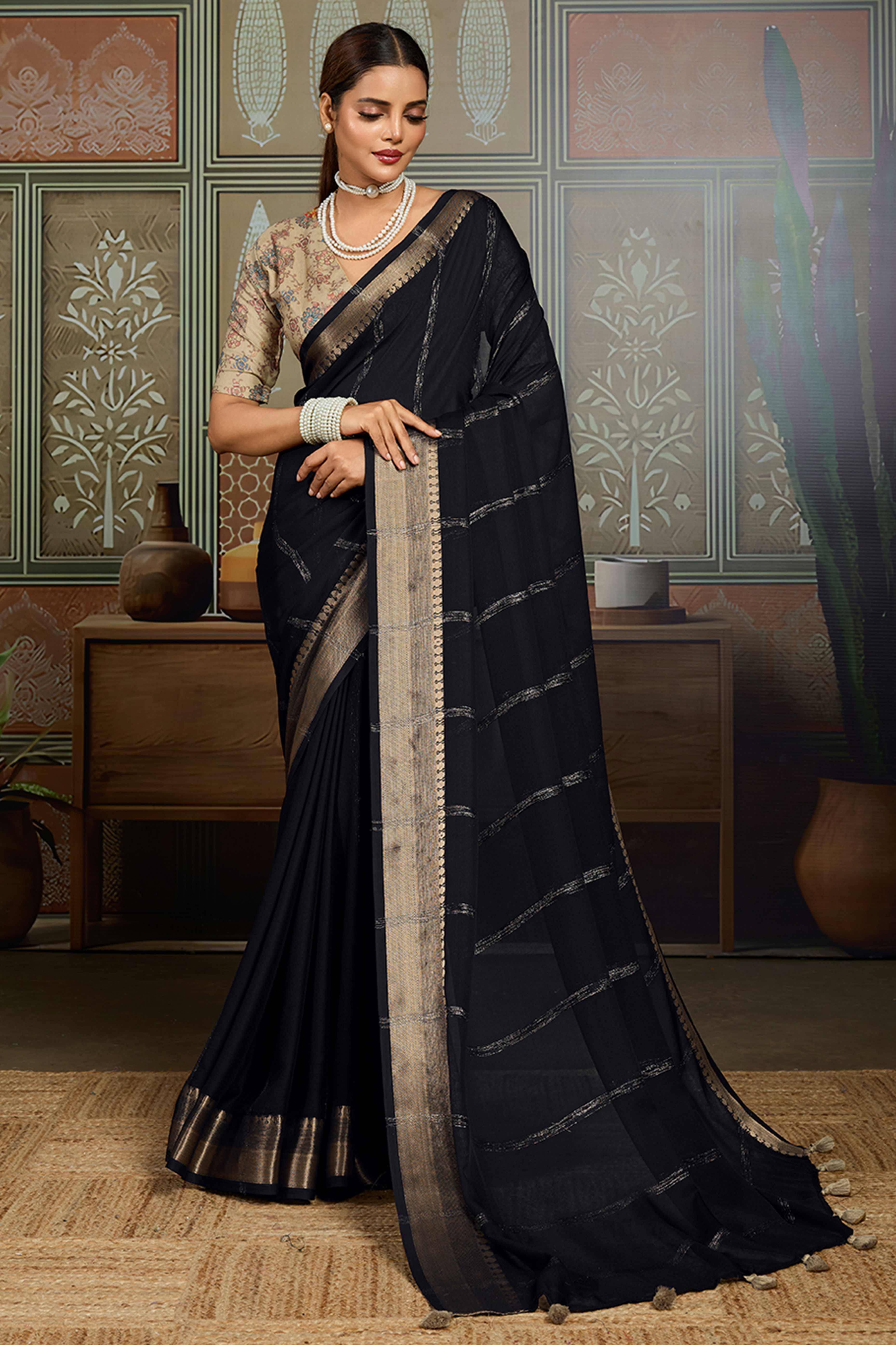 Black Striped Pattern Bemberg Saree Adorned With Intricate Zari Weaving & Graceful Tassel Pallu